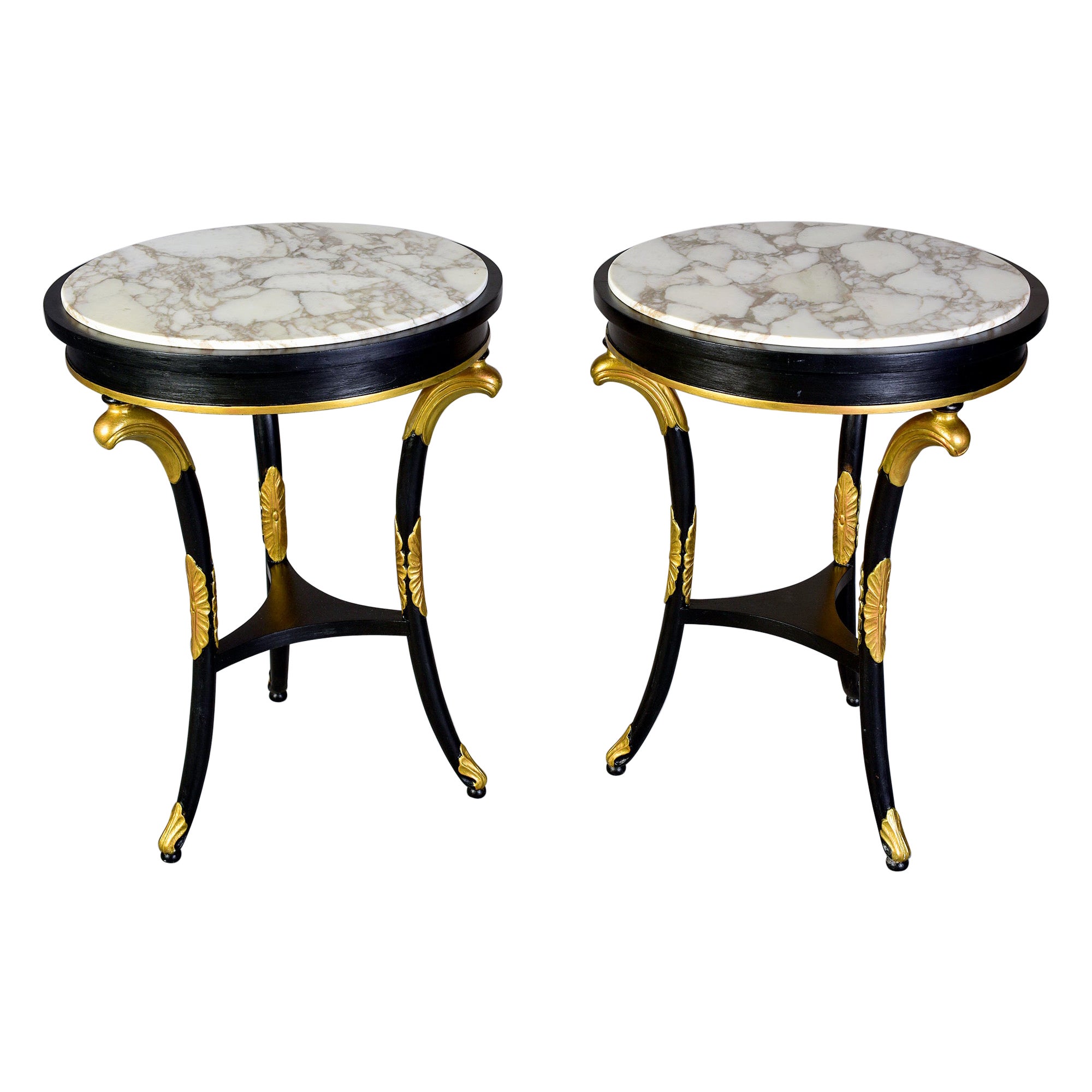 Pair Late 19th C Regency Ebonised Tables with Gilt Wood Fittings and Marble Tops For Sale