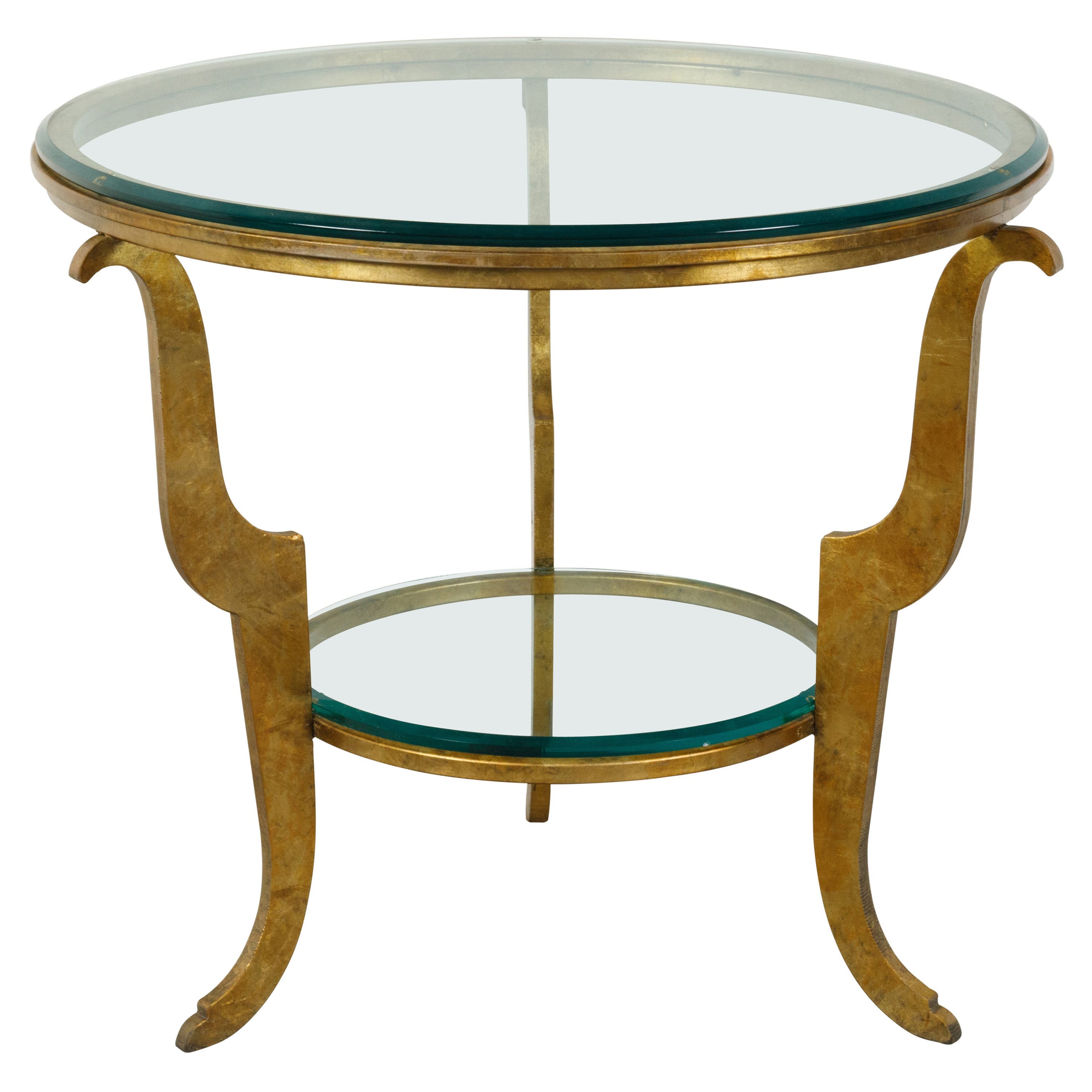 French Midcentury Gilt Iron Center Table with Glass Top and Scrolling Legs