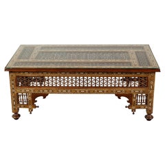 Antique Anglo-Indian Glass Top Coffee Table with Mother of Pearl Inlay and Turned Motifs