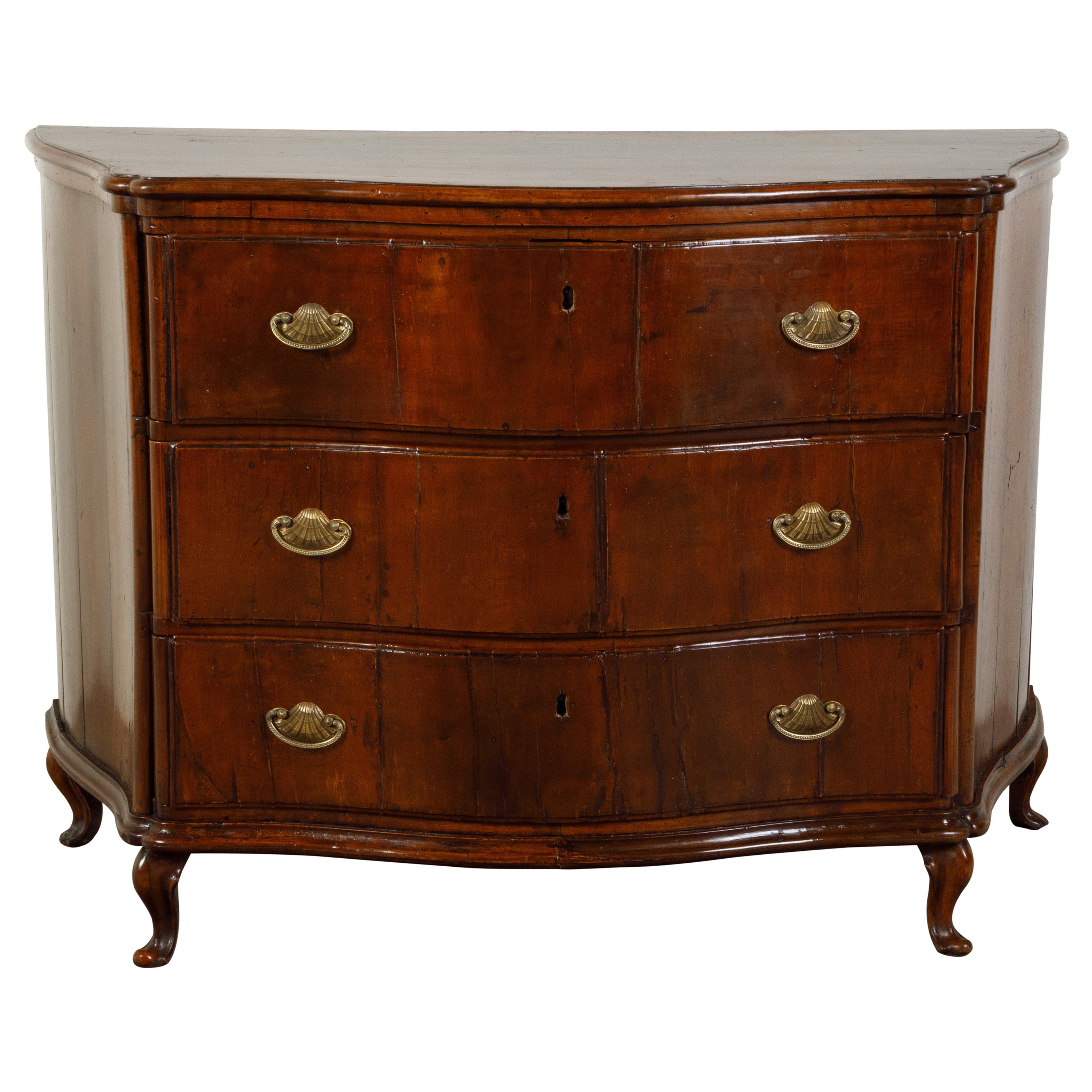 Italian 1800s Walnut Three-Drawer Serpentine Front Commode with Bronze Hardware For Sale