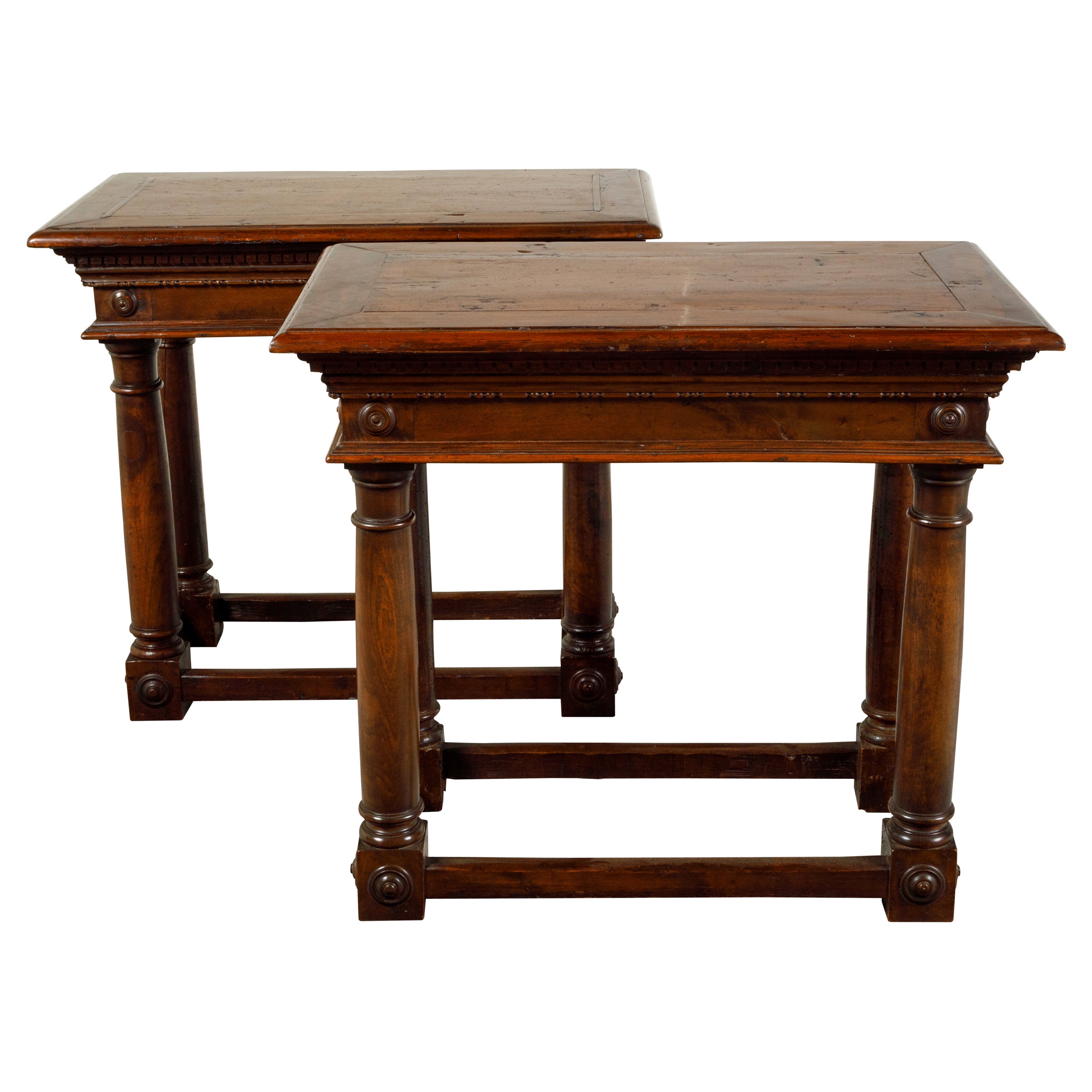 Pair of Italian 19th Century Carved Walnut Console Tables with Doric Columns For Sale