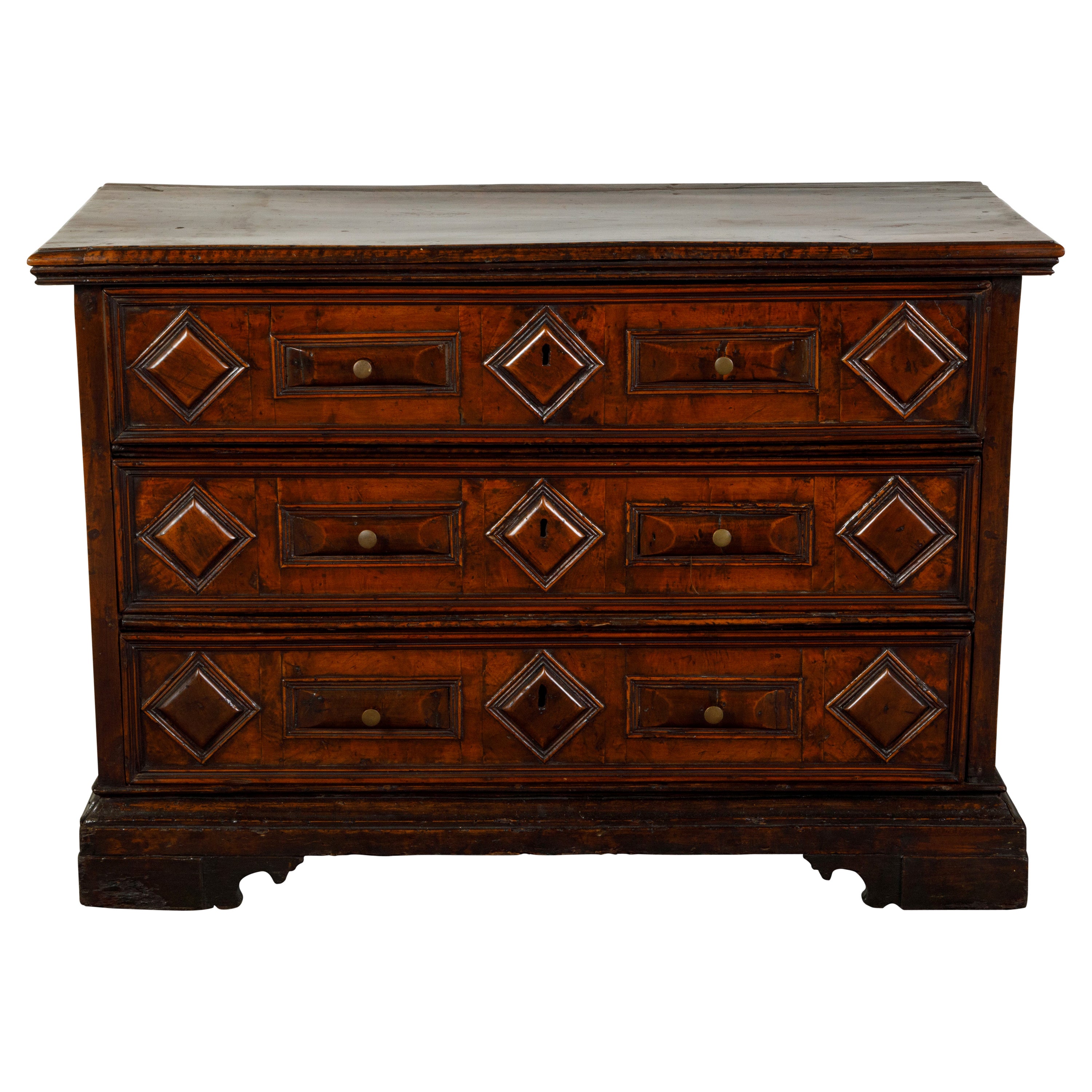 Italian 1800s Walnut Commode with Three Drawers and Raised Diamond Motifs For Sale