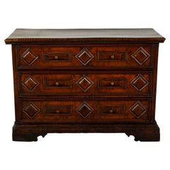 Antique Italian 1800s Walnut Commode with Three Drawers and Raised Diamond Motifs