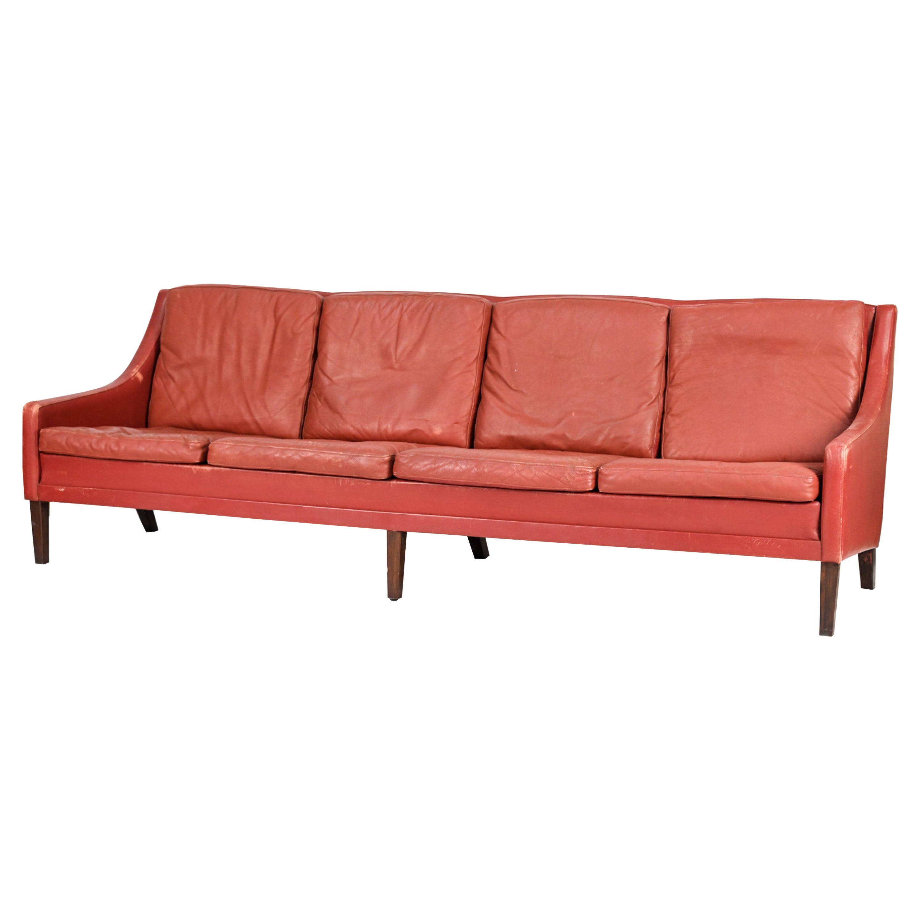 Danish Mid-Century 4-Seater Red Leather Sofa For Sale at 1stDibs