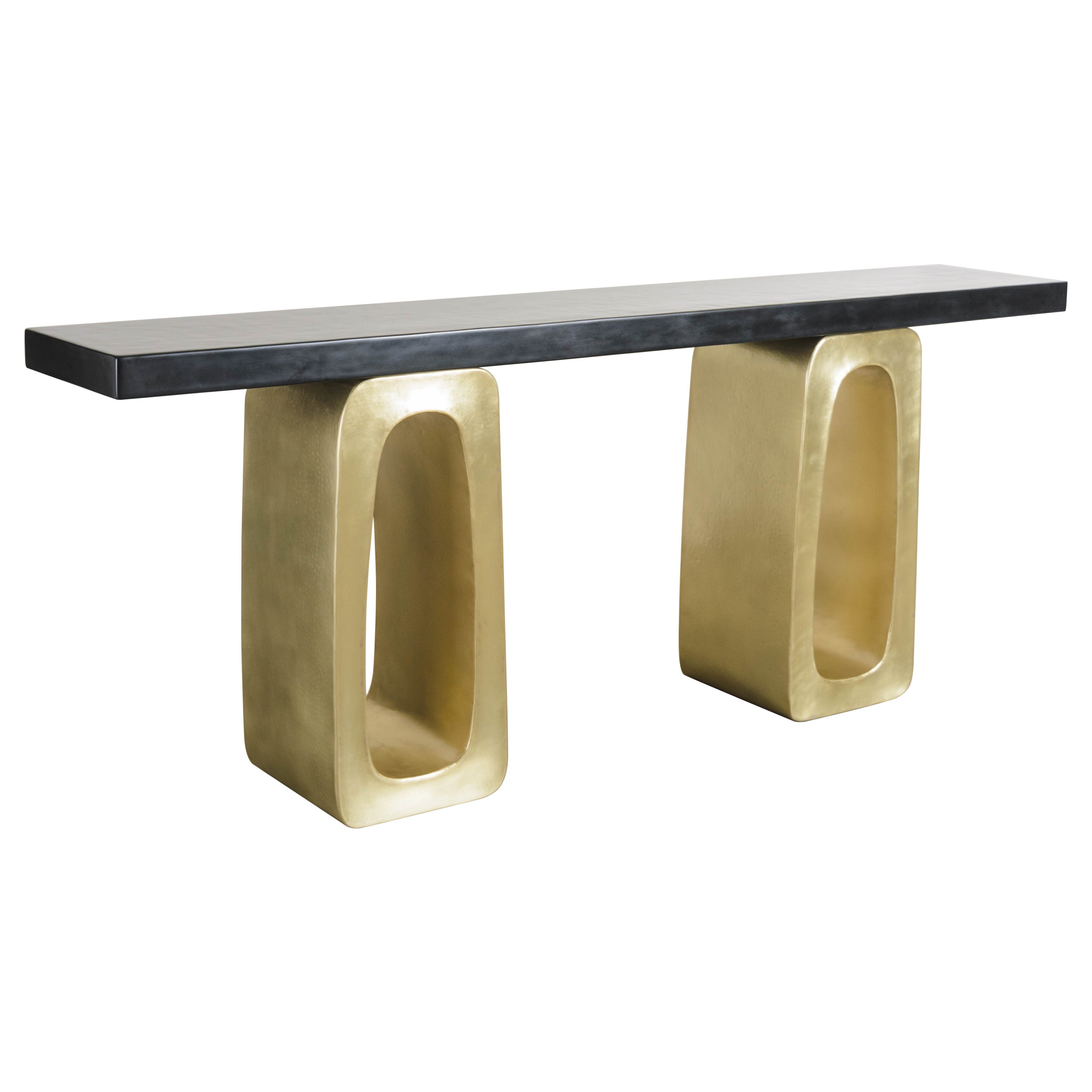 Contemporary Brass "O" Console Stands w/ Black Lacquer Top by Robert Kuo For Sale