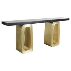 Contemporary Brass "O" Console Stands w/ Black Lacquer Top by Robert Kuo