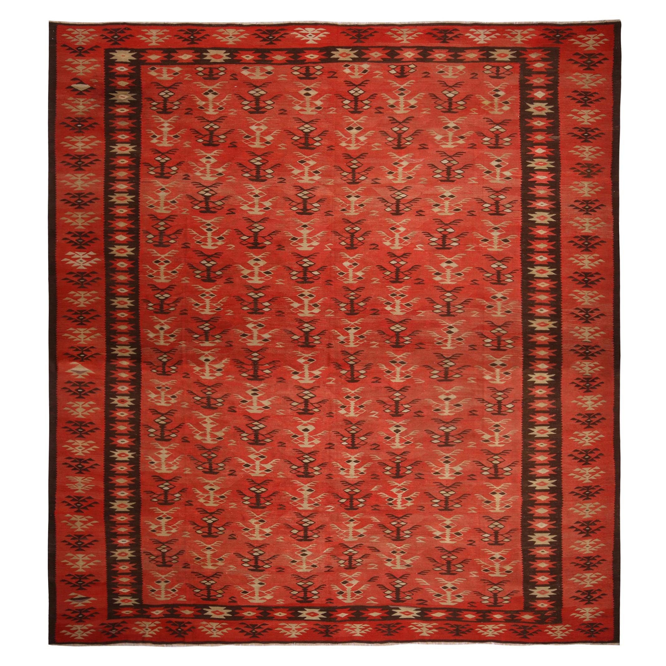 Vintage Midcentury Pirot Salmon Red and Brown Wool Kilim Rug by Rug & Kilim For Sale