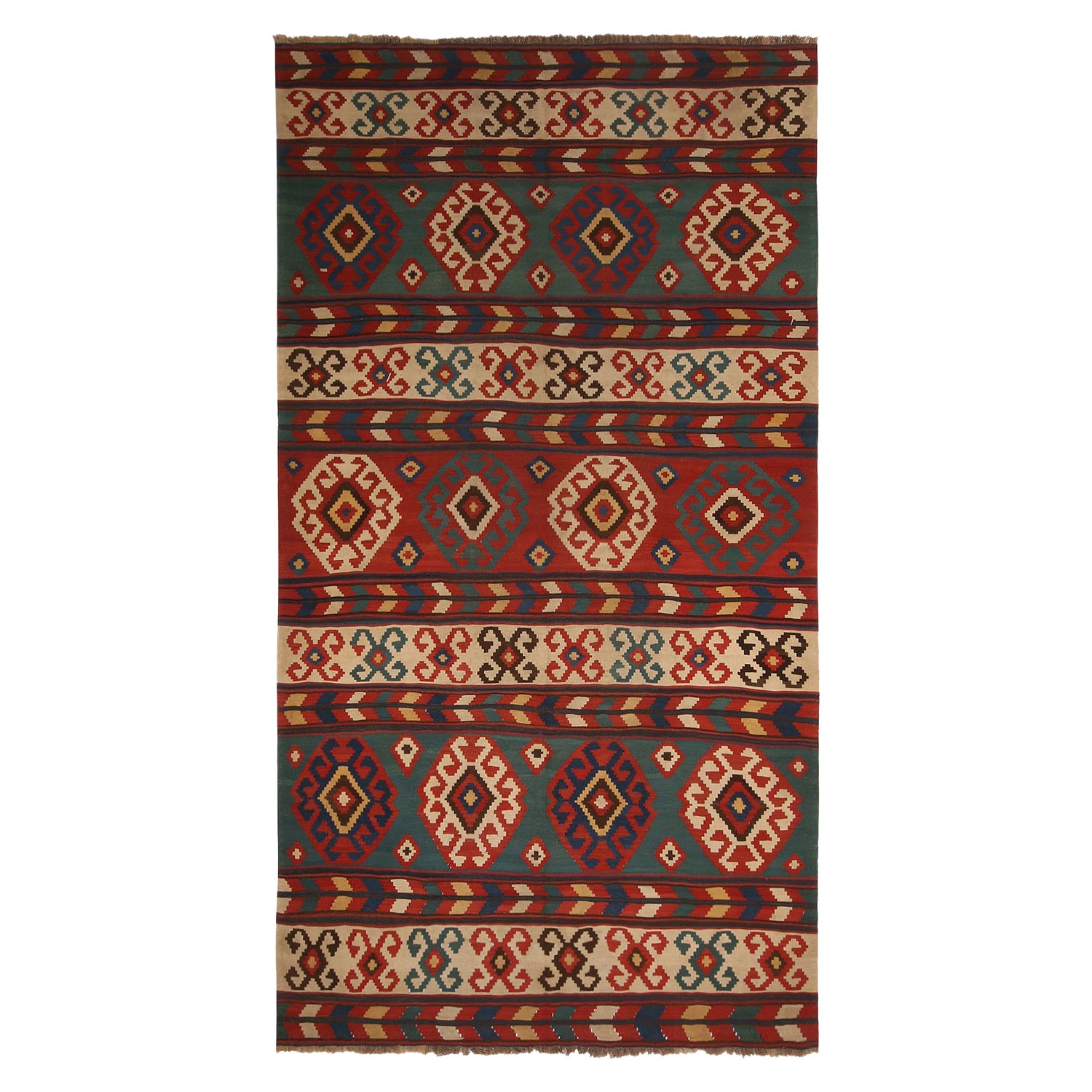 Vintage Mid-Century Azerbaijan Green and Red Wool Kilim Rug Beige by Rug & Kilim For Sale