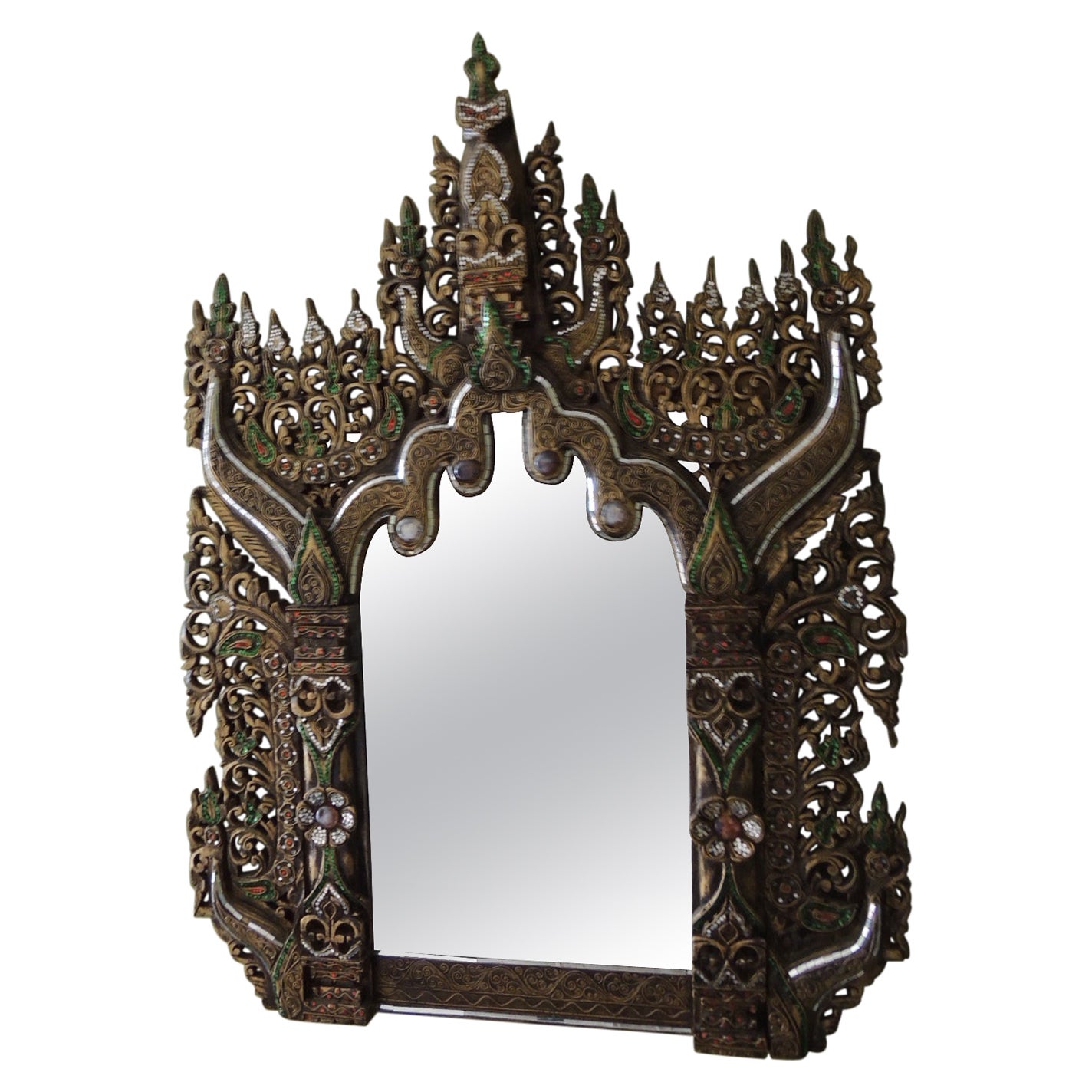 Large Hand-Carved Bejeweled Wood Wall Mirror
