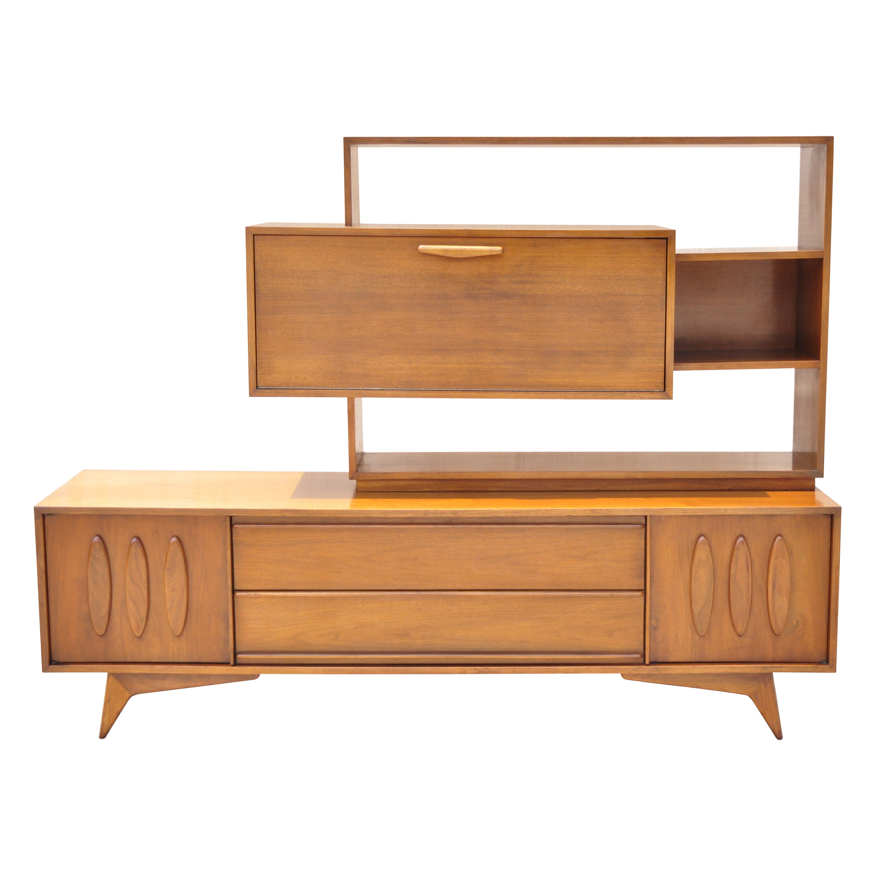 Mid Century Atomic Era Walnut Floating Shelf Bar Credenza Cabinet Sideboard