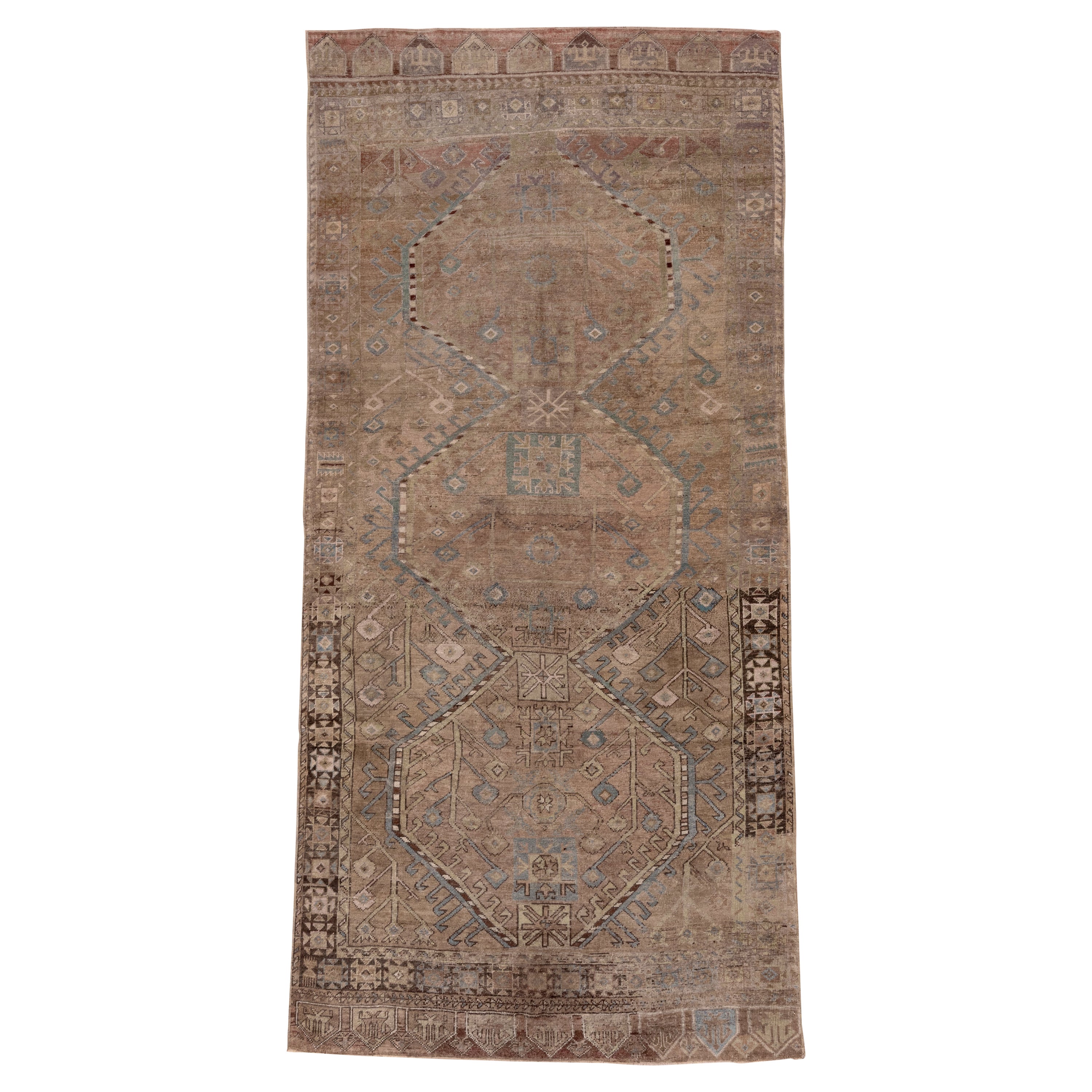 Mid 20th Century Turkish Oushak Gallery Rug, Brown Field & Blue Accents For Sale
