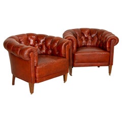 Pair, Antique Leather Chesterfield Barrel Back Club Chairs from England