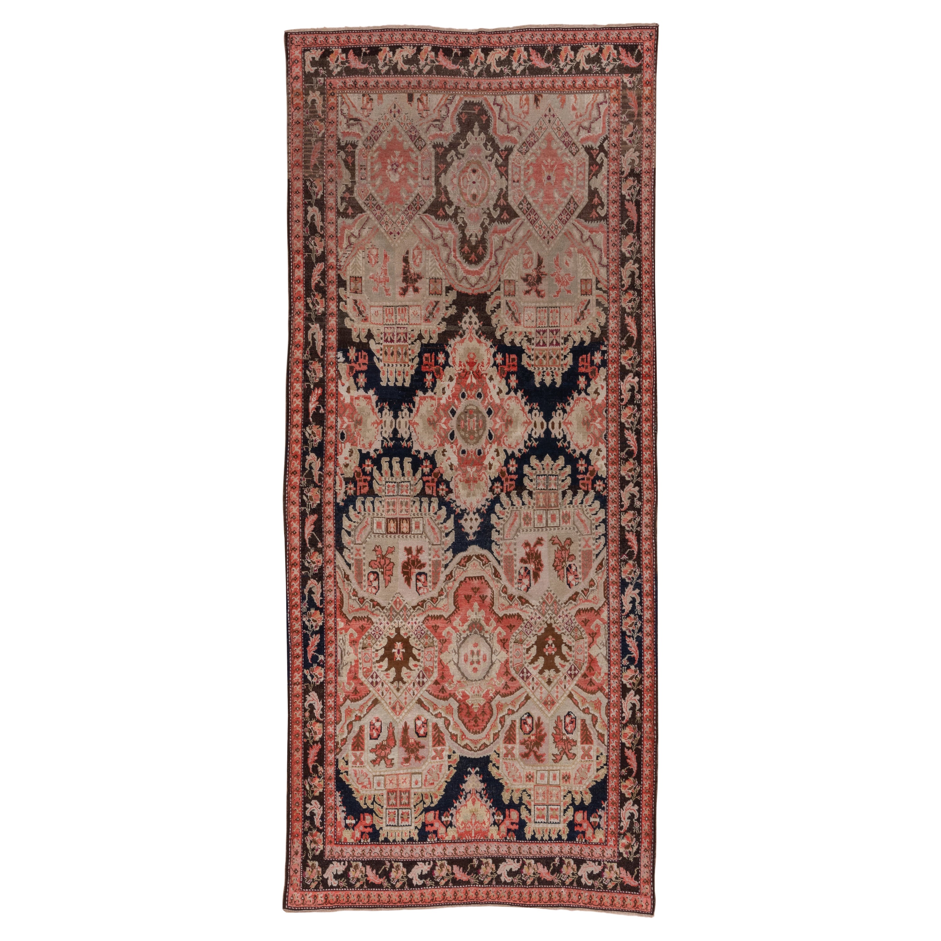 1920s Colorful Antique Caucasian Karabagh Gallery Carpet, Pink & Navy Palette For Sale