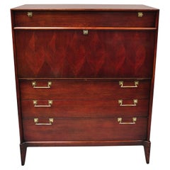 Mid Century Deco Mahogany Inlay Tall Chest Dresser with Fall Front Writing Desk 