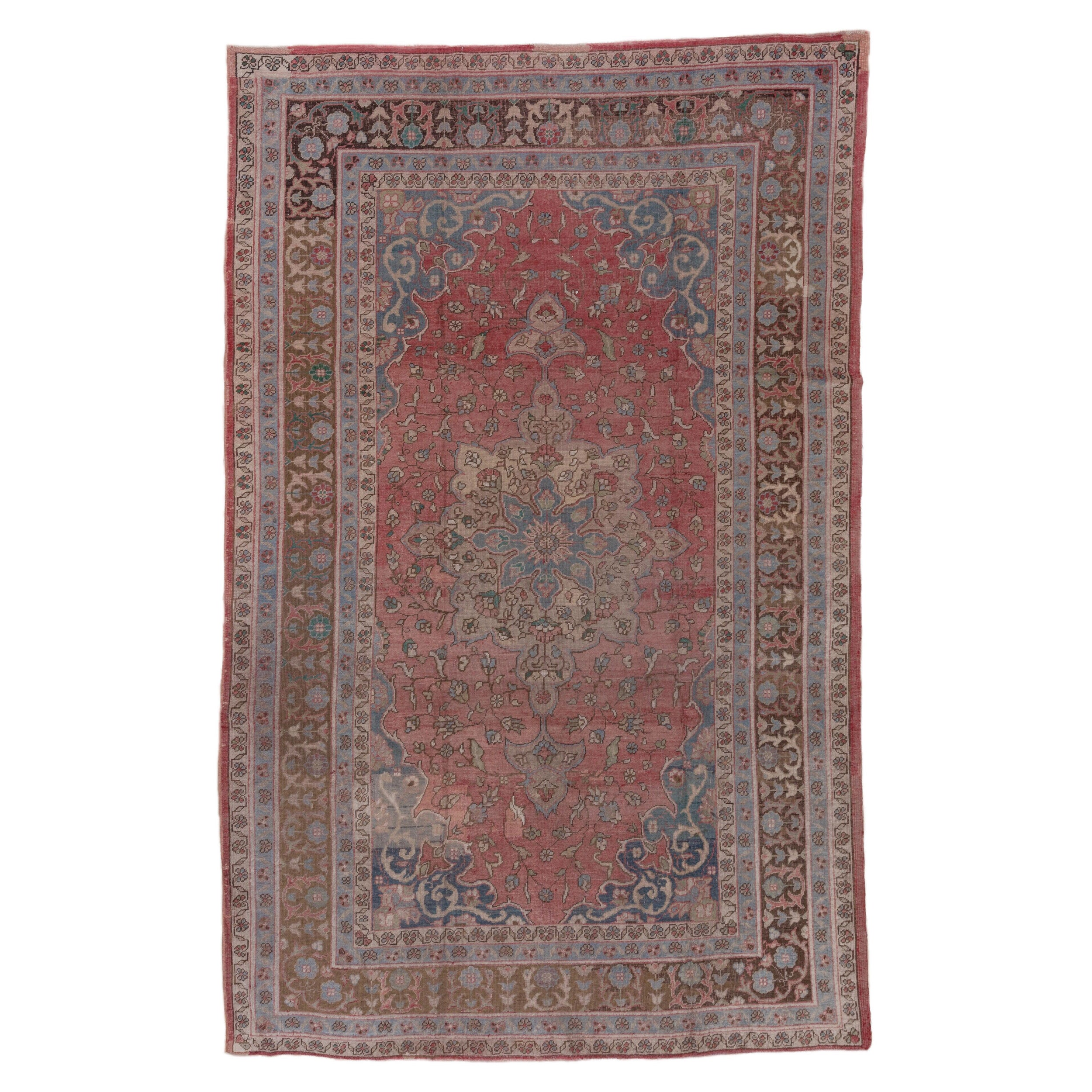 Antiker türkischer Oushak-Teppich, Palette in Rosa und Blau im Angebot