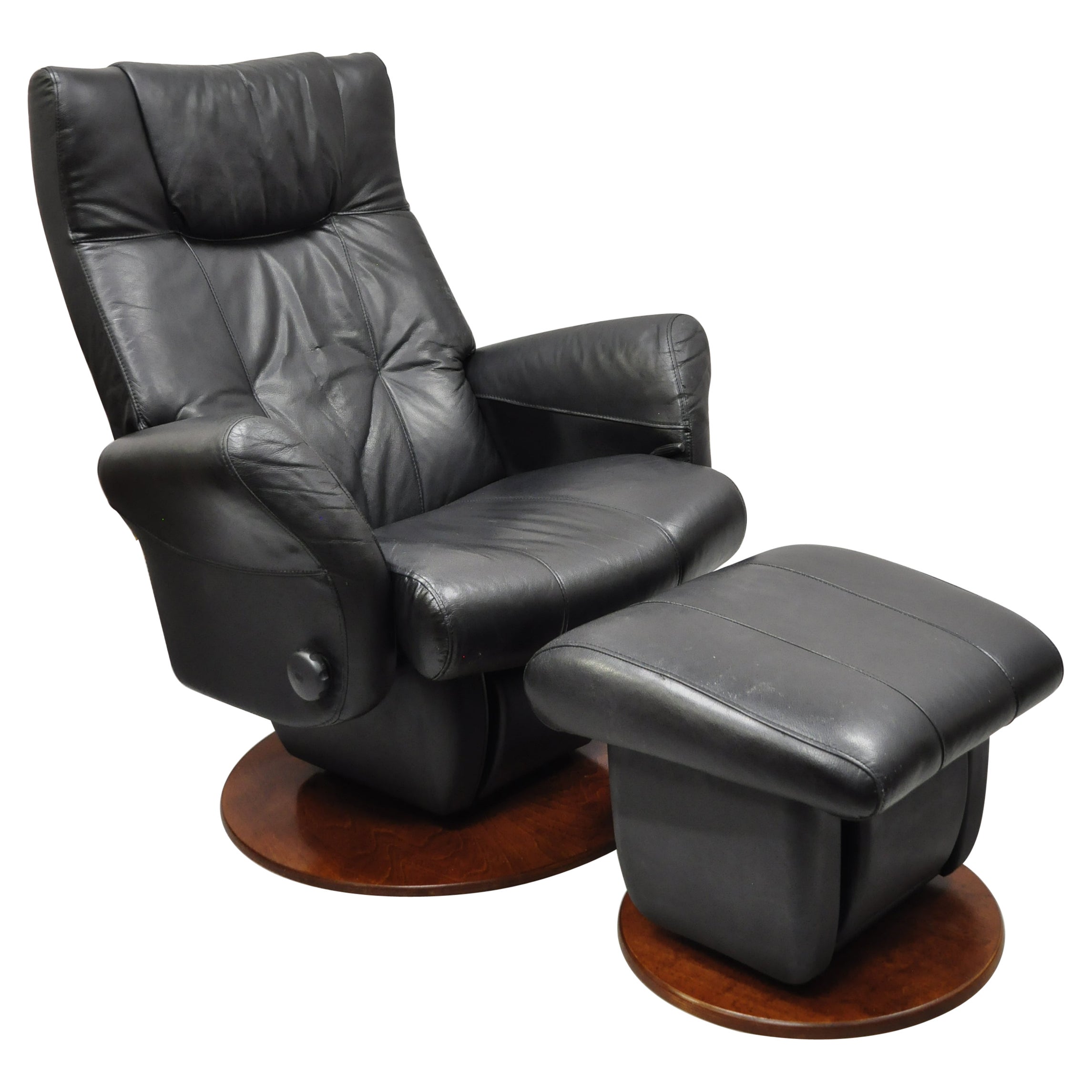 Dutailier Black Leather Avant Glide Glider Swivel Recliner Chair and Ottoman