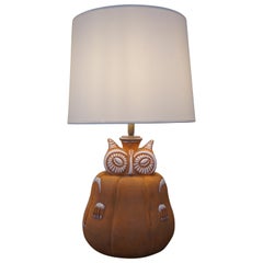 1970s French Brown Ceramic Owl Lamp with Silver Detail & Custom Lampshade