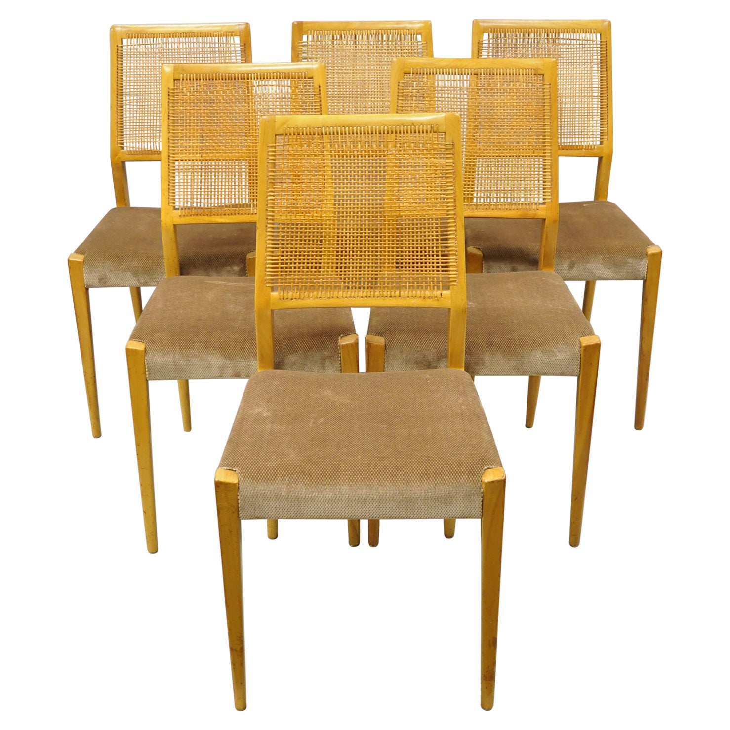 Mid Century Danish Modern Birch Wood Cane Back Dining Side Chairs, Set of 6 For Sale