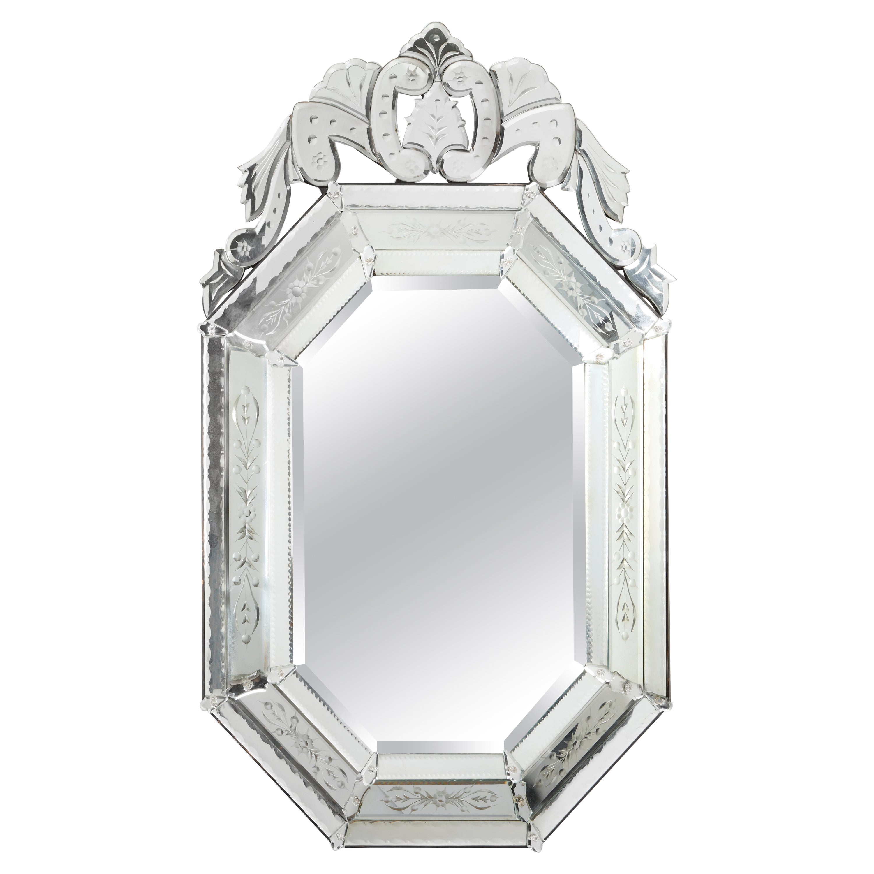 Octagonal Venetian Mirror with a Crest Top For Sale