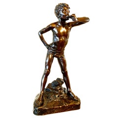 Edouard Drouot Antique Large Patinated Bronze Sculpture of Boy Eating an Oyster