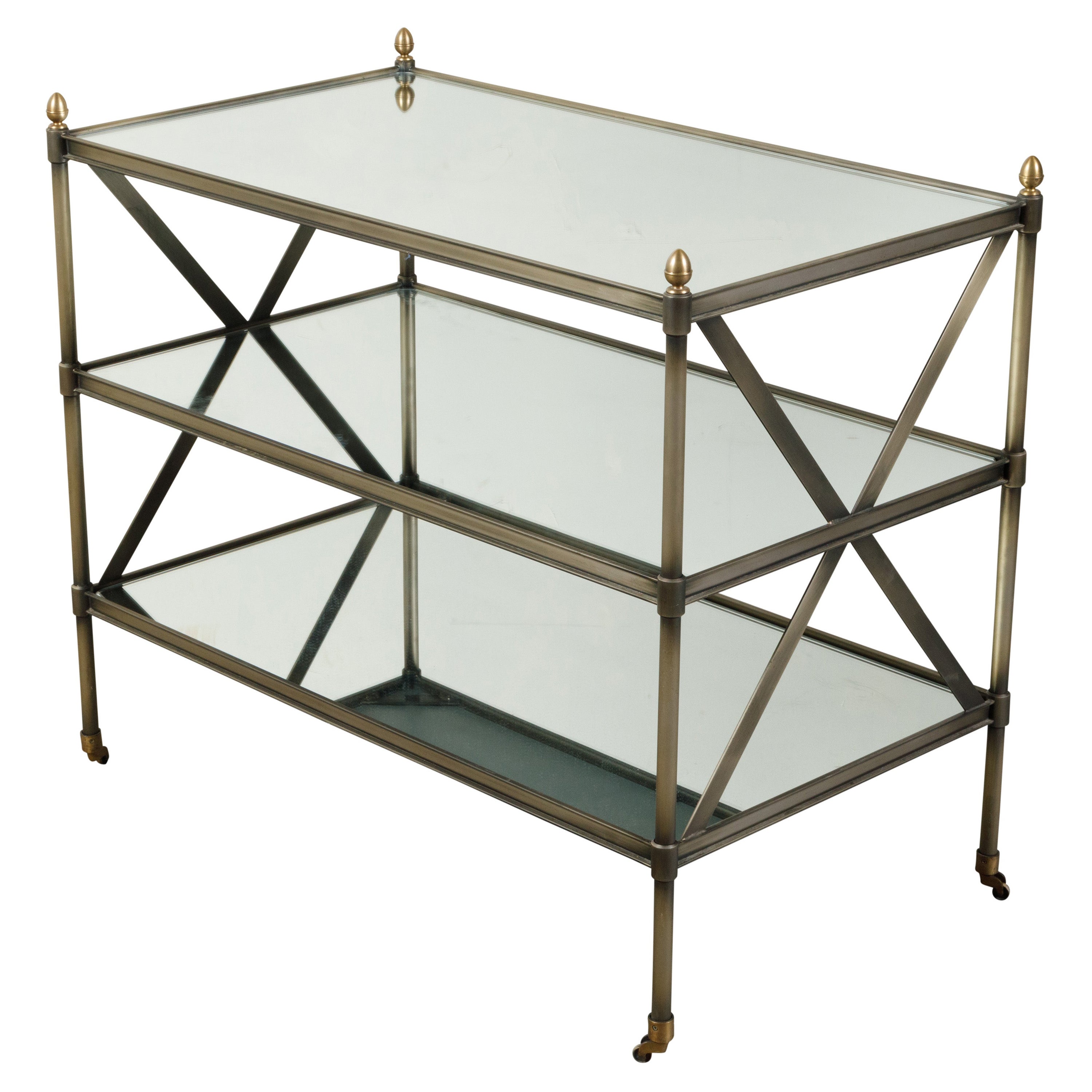Italian Midcentury Patinated Metal Trolley with Mirrored Shelves and Casters For Sale