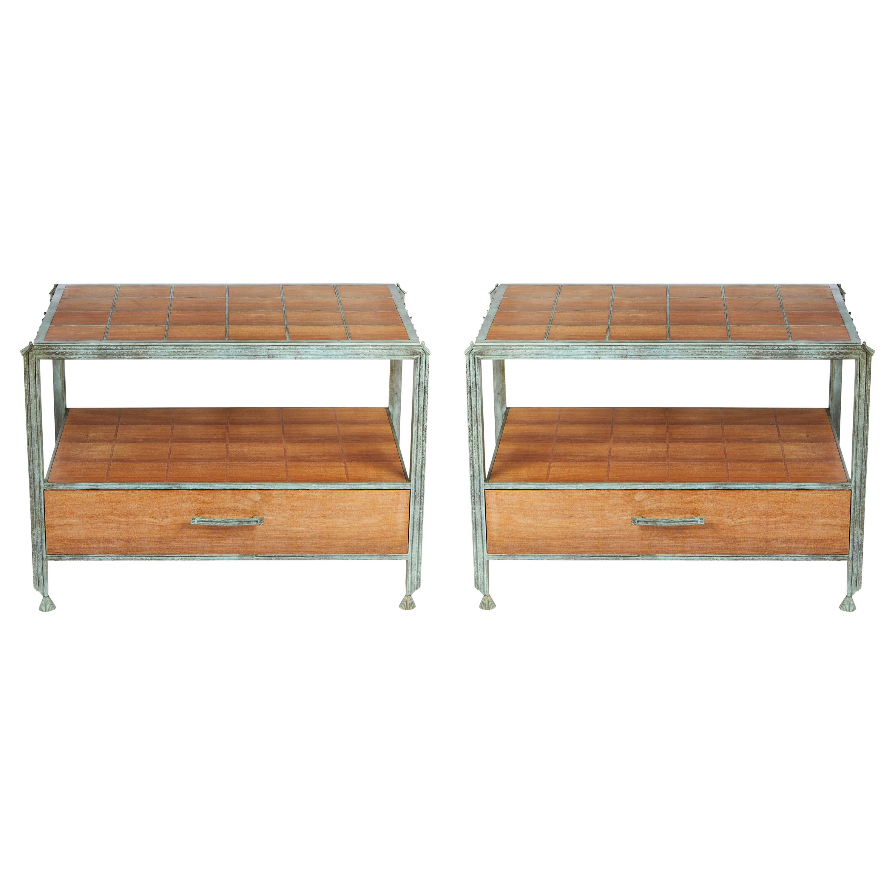 Pair of Teak Surfboard Side Tables by Casals with Cane Wrapped