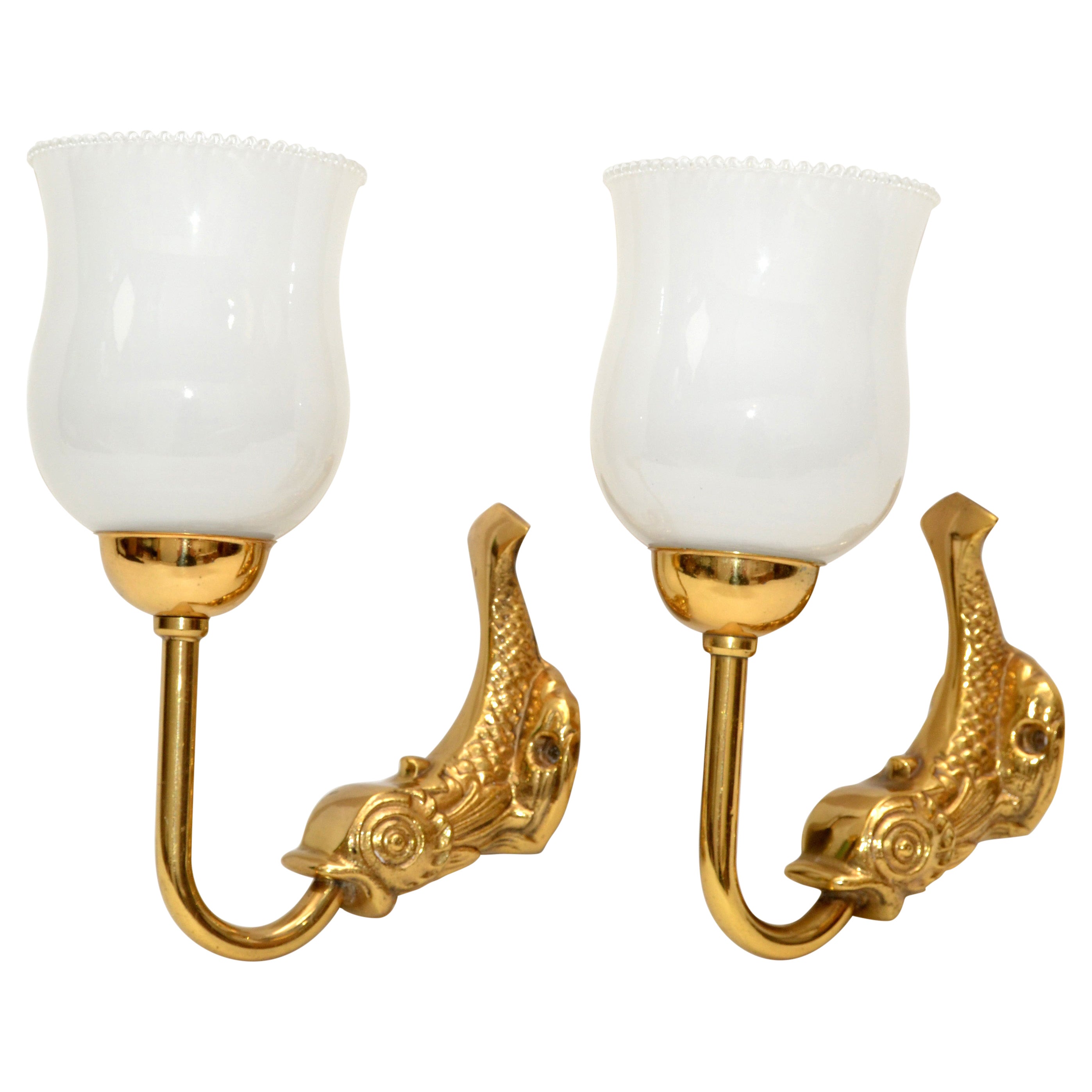 Maison Lancel Brass Dolphin Sconces Ruffled Opaline Glass Shade France 1950-Pair For Sale