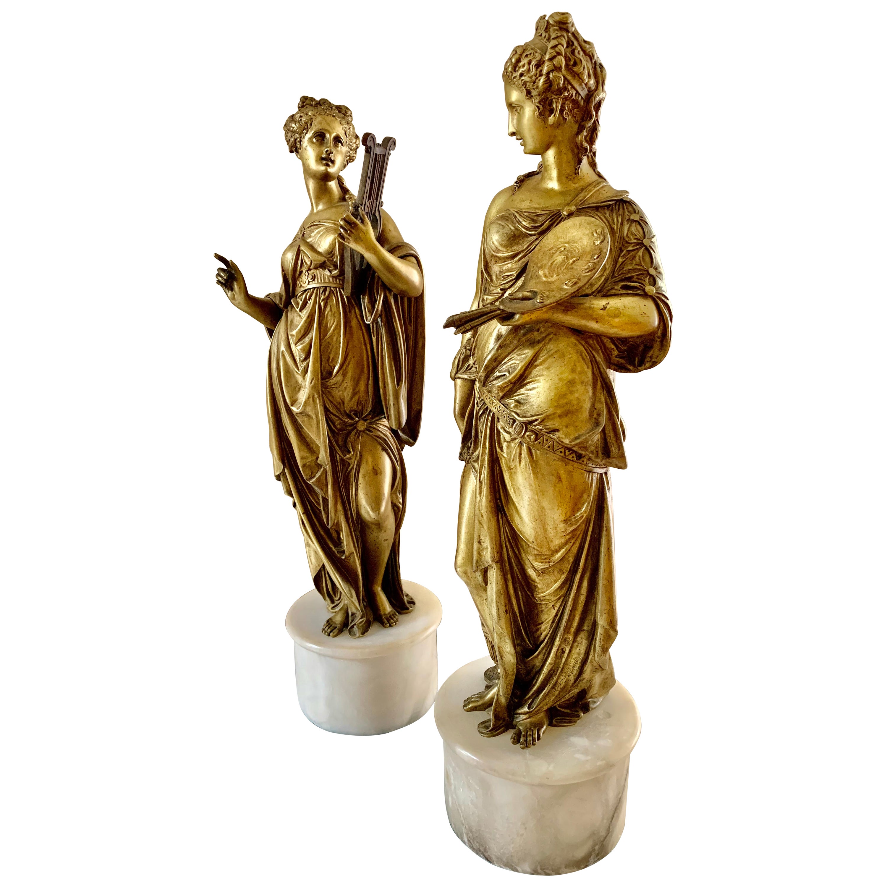 Musik und Kunst, Paar antike Grand Tour-Skulpturen aus vergoldeter Bronze, 19. Jahrhundert