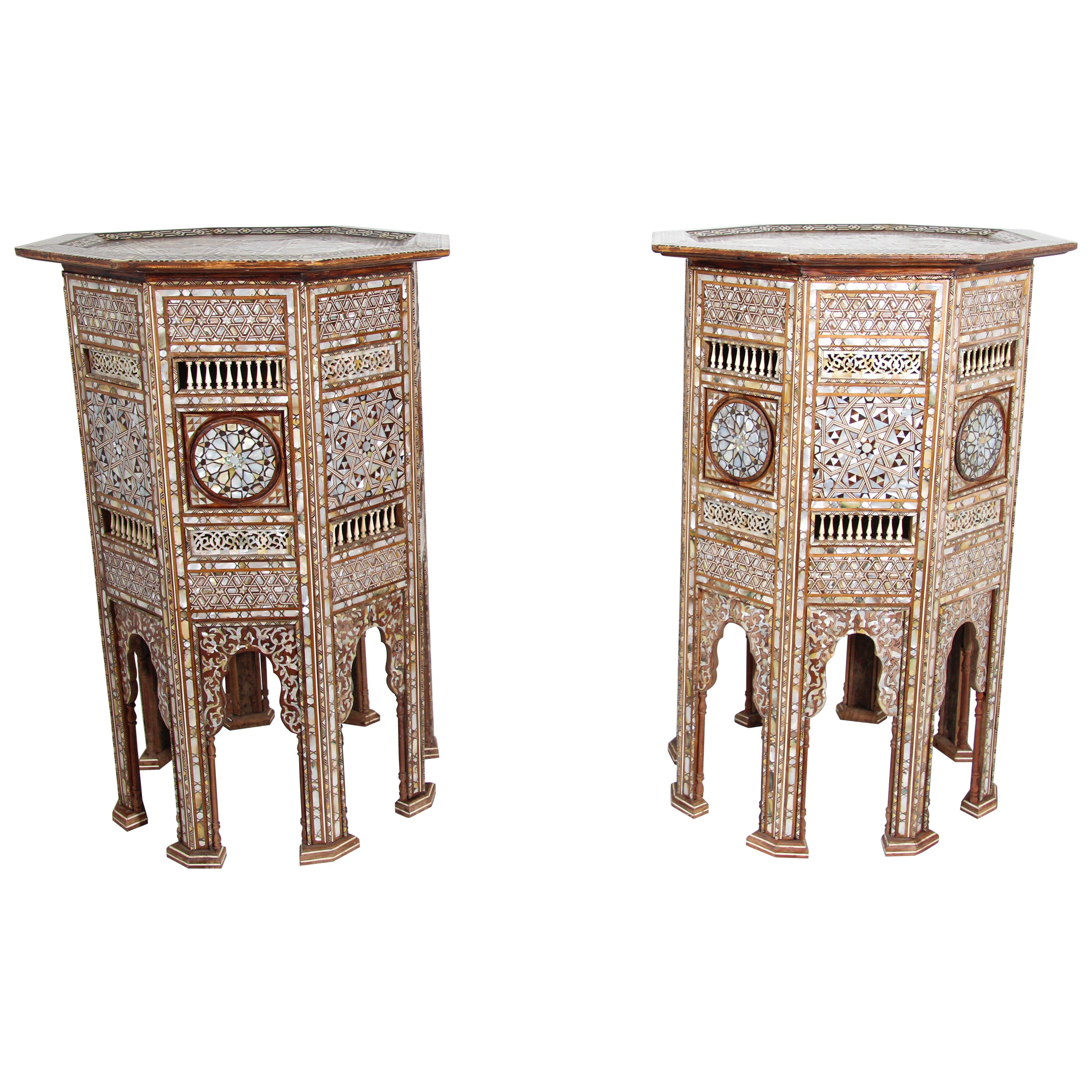 Moorish Middle Eastern Large Pedestal Tables Inlaid with Shell, 19th C.