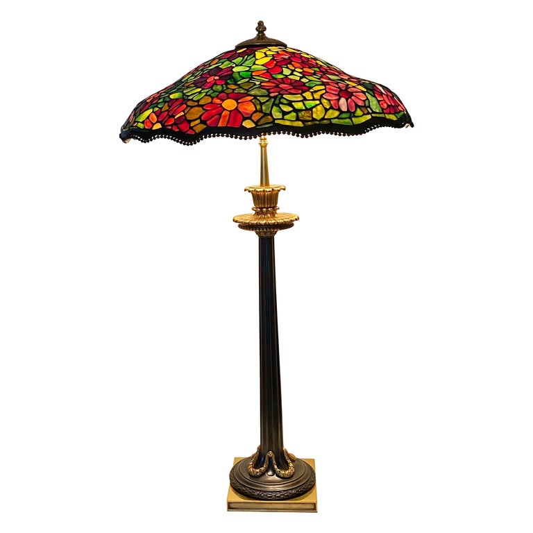 Large Antique Tiffany Style Table Lamp, French Bronze Superb Glass Shade For Sale