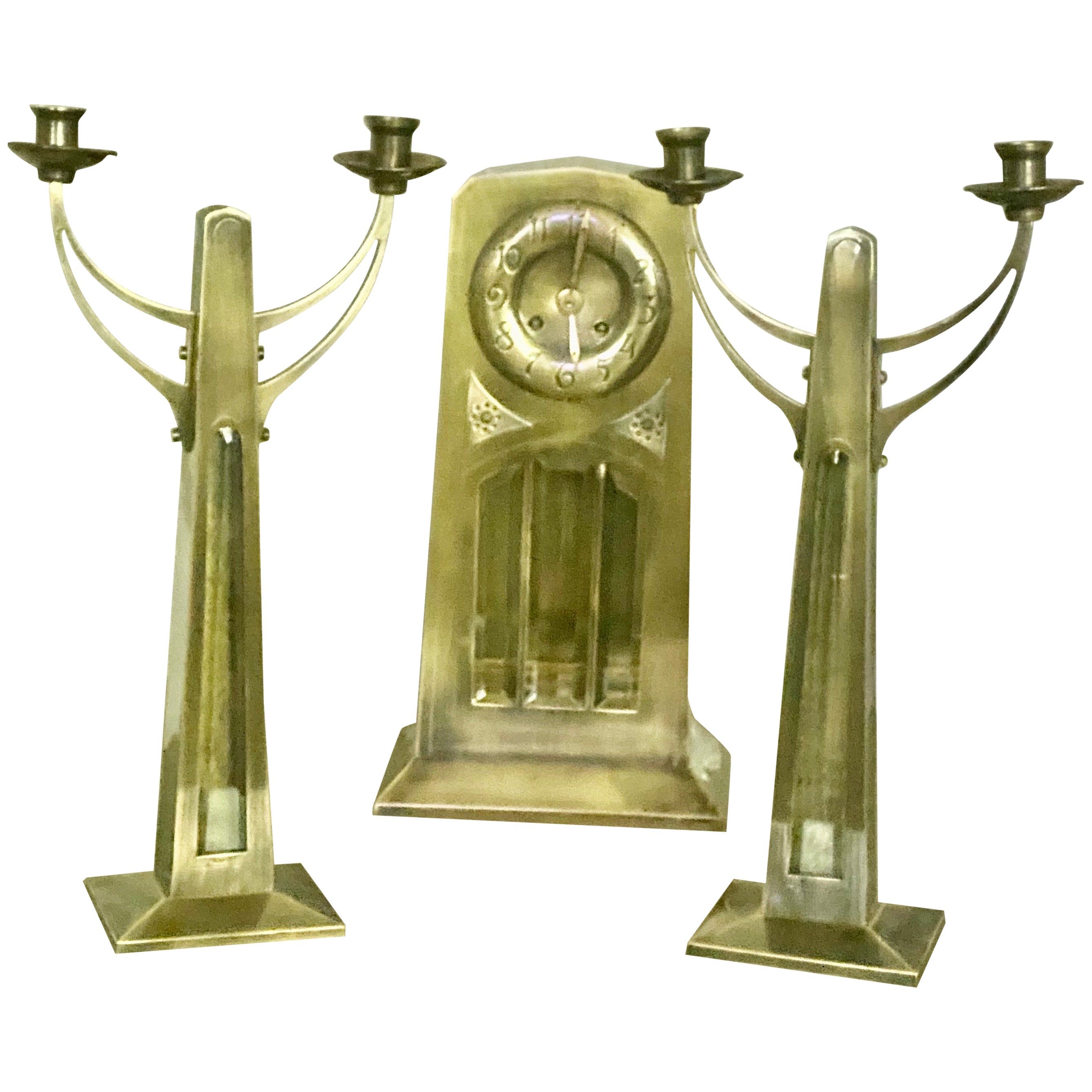 Superb Art Nouveau 3 Piece Clock Set with a Brass Case and Bevelled Glass
