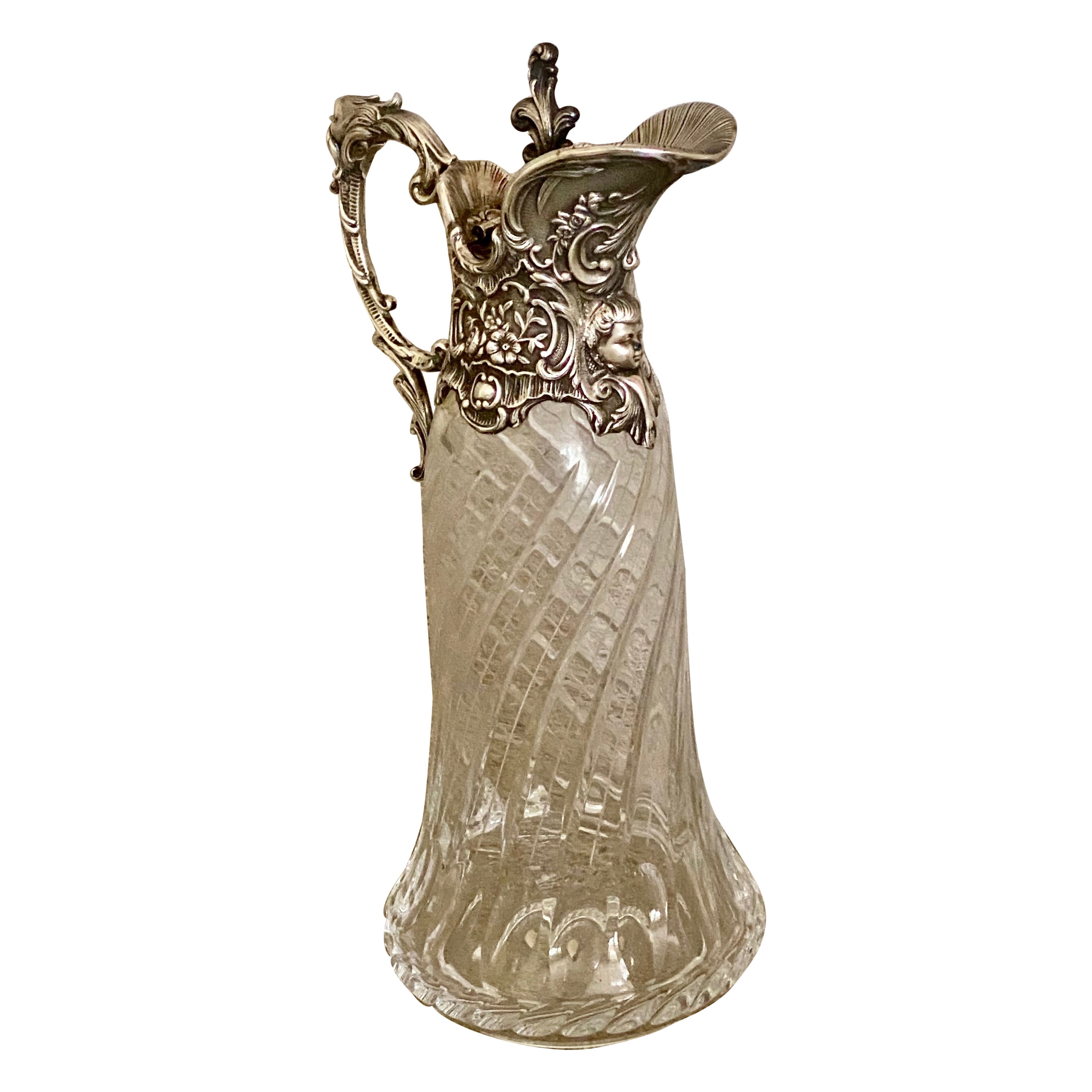 Antique Sterling Silver & Glass Claret Jug Topazio Portugal For Sale