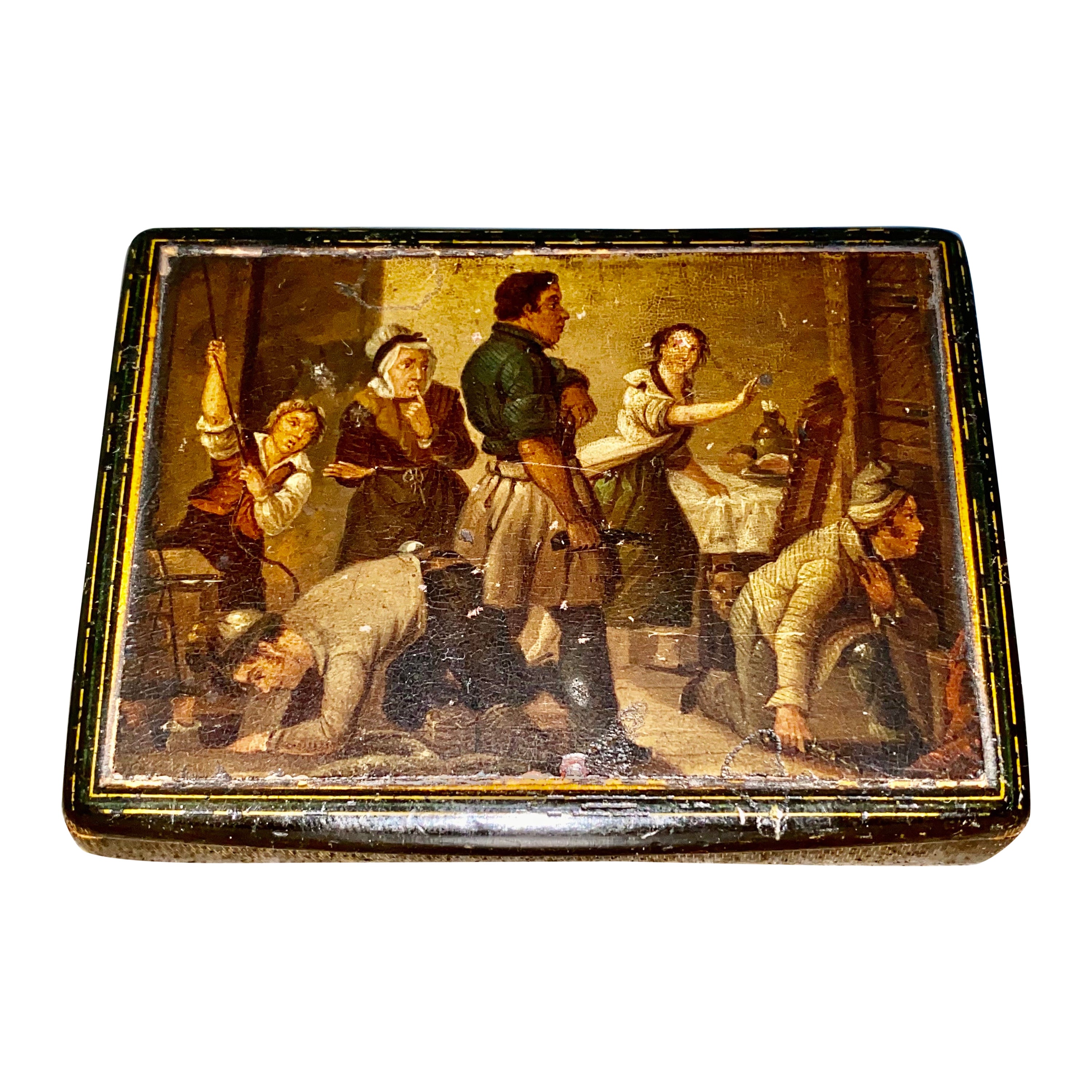 Early 19th Century Hand Painted Stobwasser Type Papier Mache Table Snuff Box For Sale