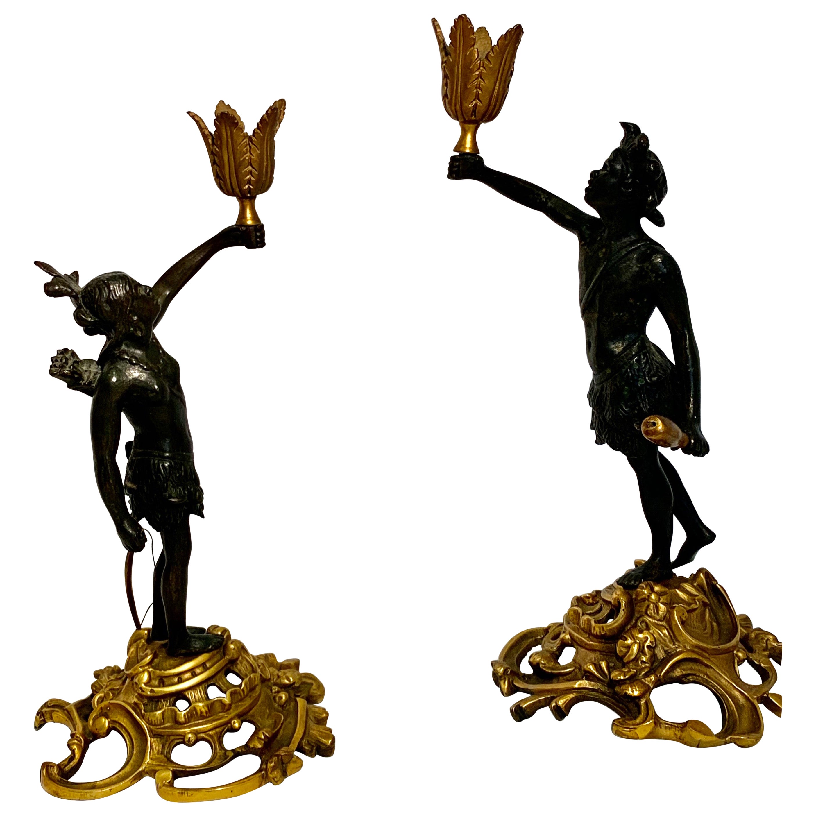 Superb Pair Bronze Russian Patinated Cast Iron Candlestick Figures, Russian For Sale