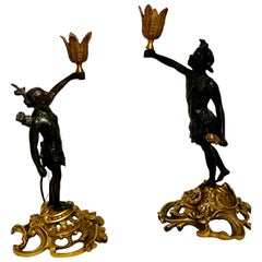 Superb Pair Bronze Russian Patinated Cast Iron Candlestick Figures, Russian