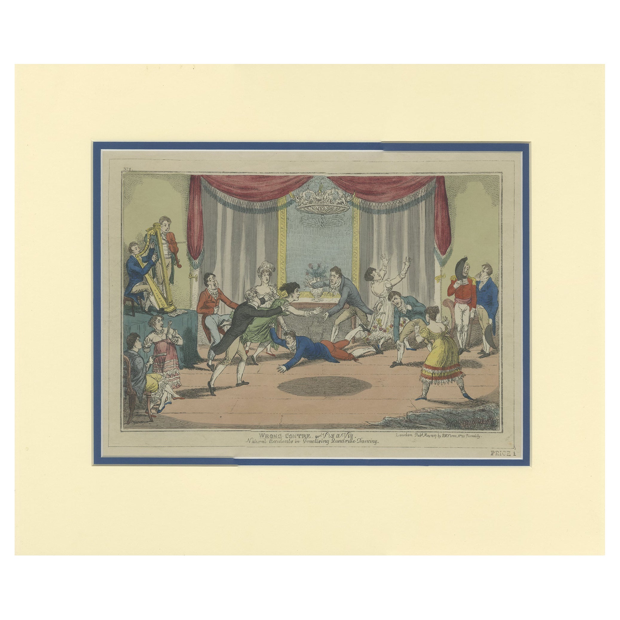 Antiker Satirialdruck von Quadrille-Tanzen von Fores '1817'