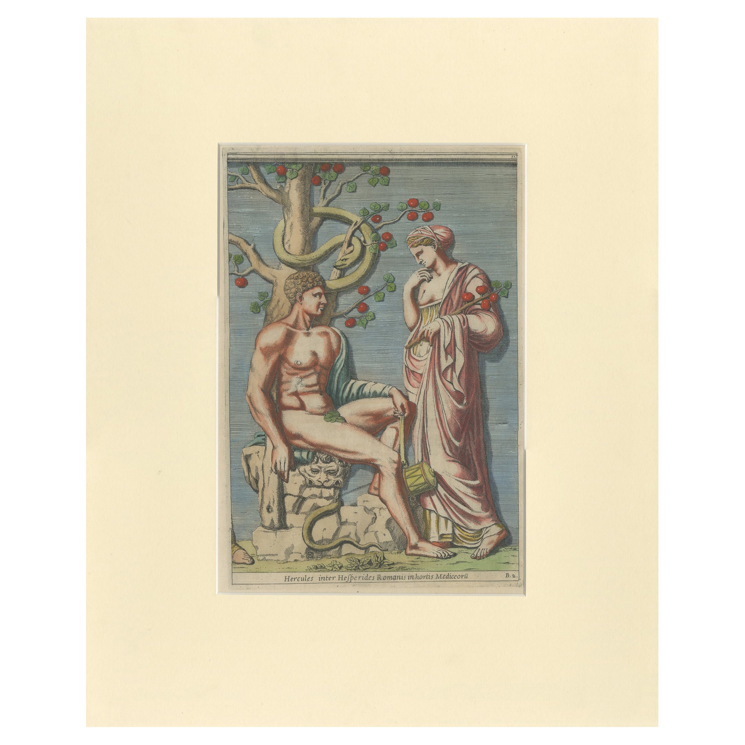 Antiker antiker Druck von Herkules im Garten der Jaspis von Ferrari '1646'