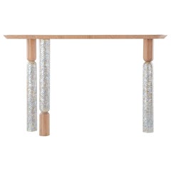 Minimalist Console with Hand-Laid Mother-of-Pearl/ Nacre Legs and Oak Top