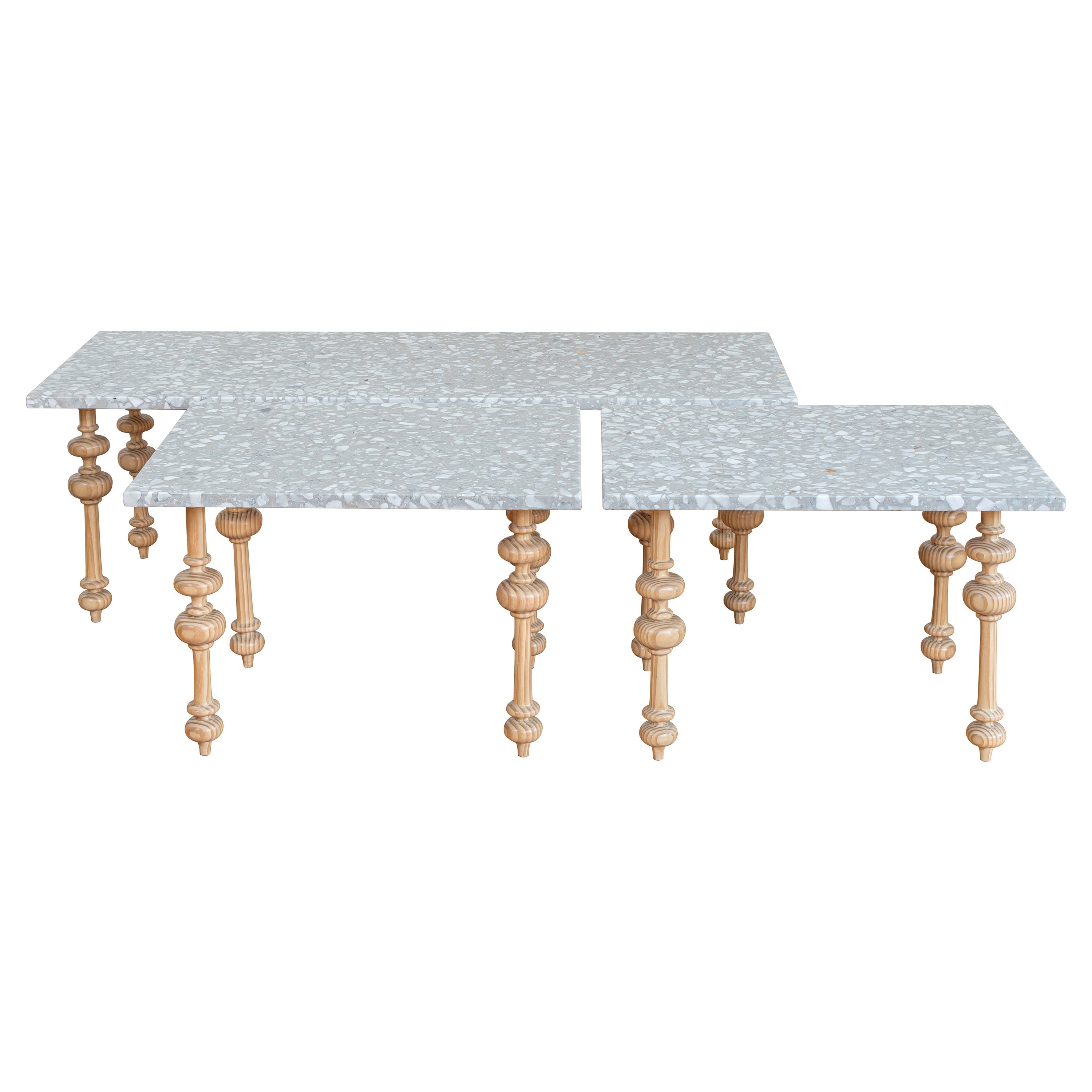 Carved Pitch Pine Outdoor Coffee Table with Italian Terrazzo Tops