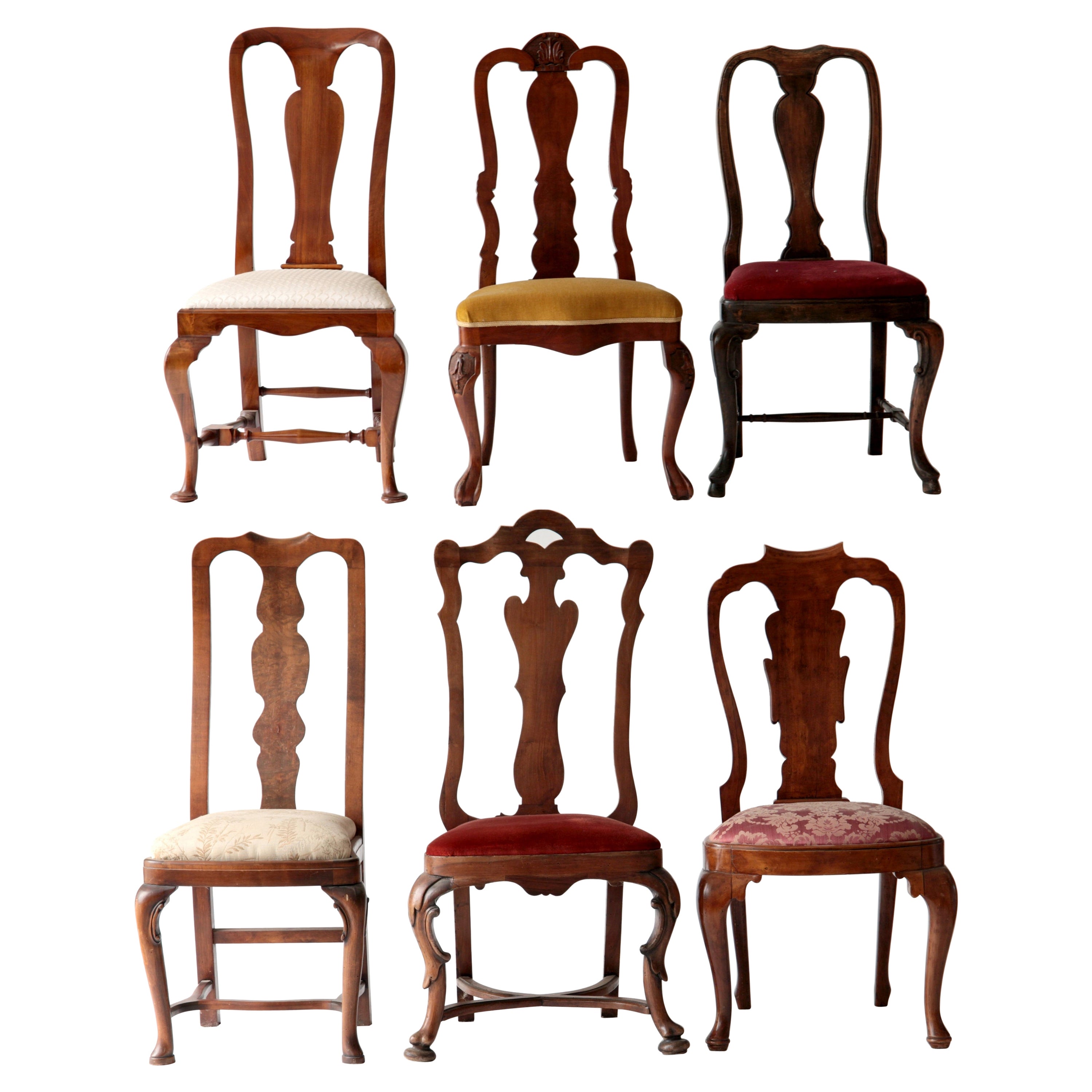 Eklektisches Set, einzigartiges Set aus sechs Stühlen, je in verschiedenen Designs, Queen Anne im Angebot