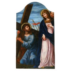 Jesus mit dem Kreuz aus dem 17. bis 18. Jahrhundert, unsigniert, Öl auf Leinwand, auf Holz geschnitten