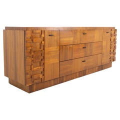 Paul Evans Style Lane Brutalist Mid Century Walnut 9 Drawer Lowboy Dresser