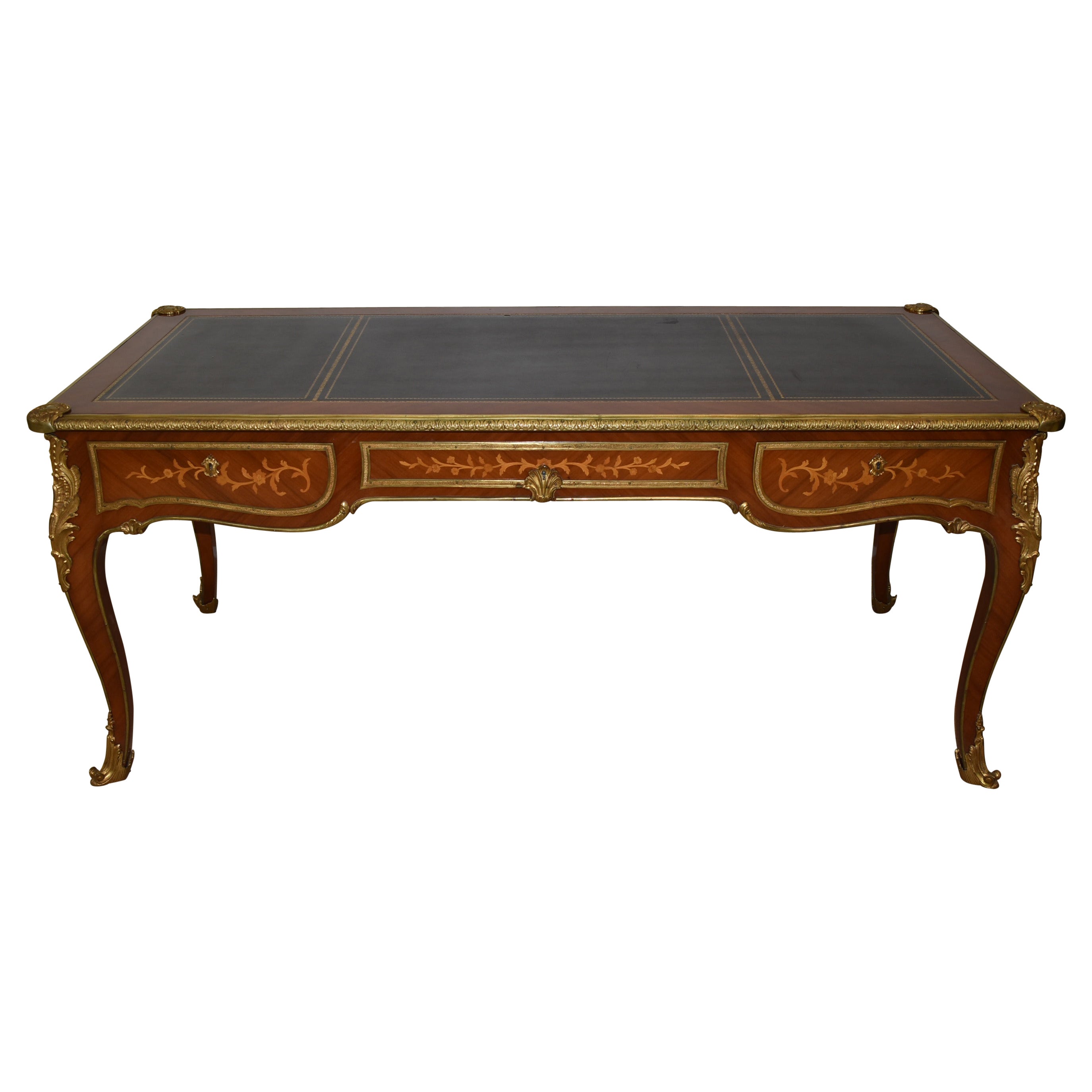 Vintage Louis XV Executive Satinwood Writing Desk Leather Top