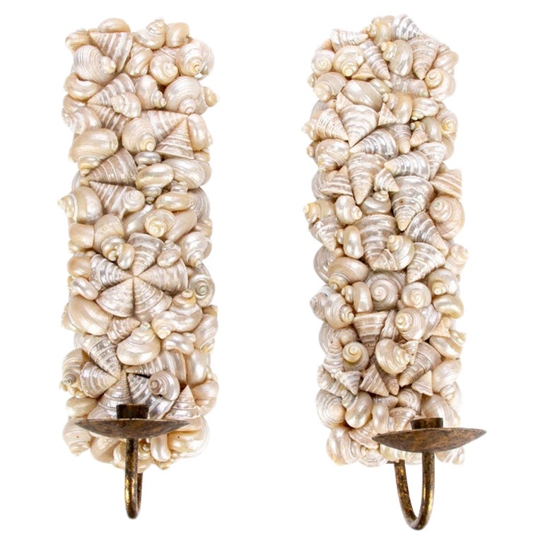 Pair Shell Decorated Gilt Candle Sconces After Tony Duquette