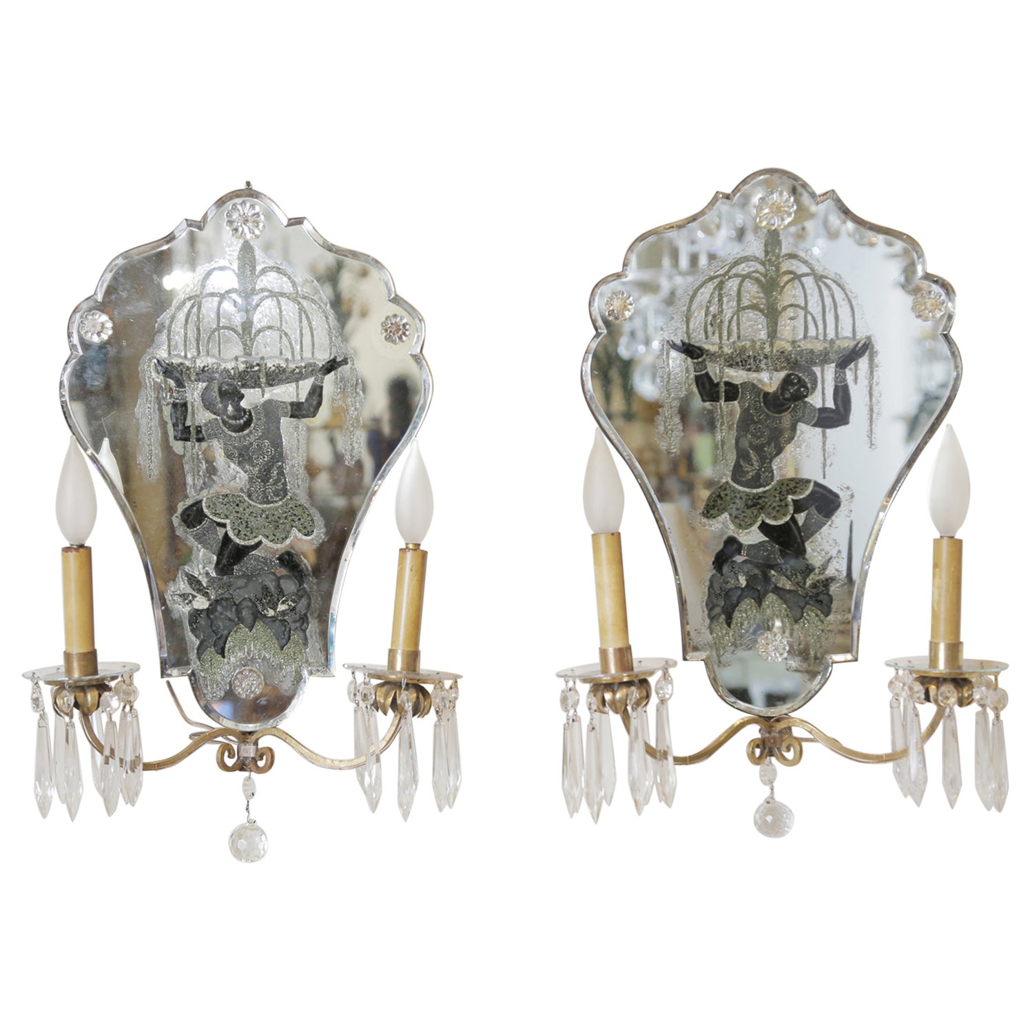 Opposing Pair of Eglomise Art Deco Figural Sconces For Sale