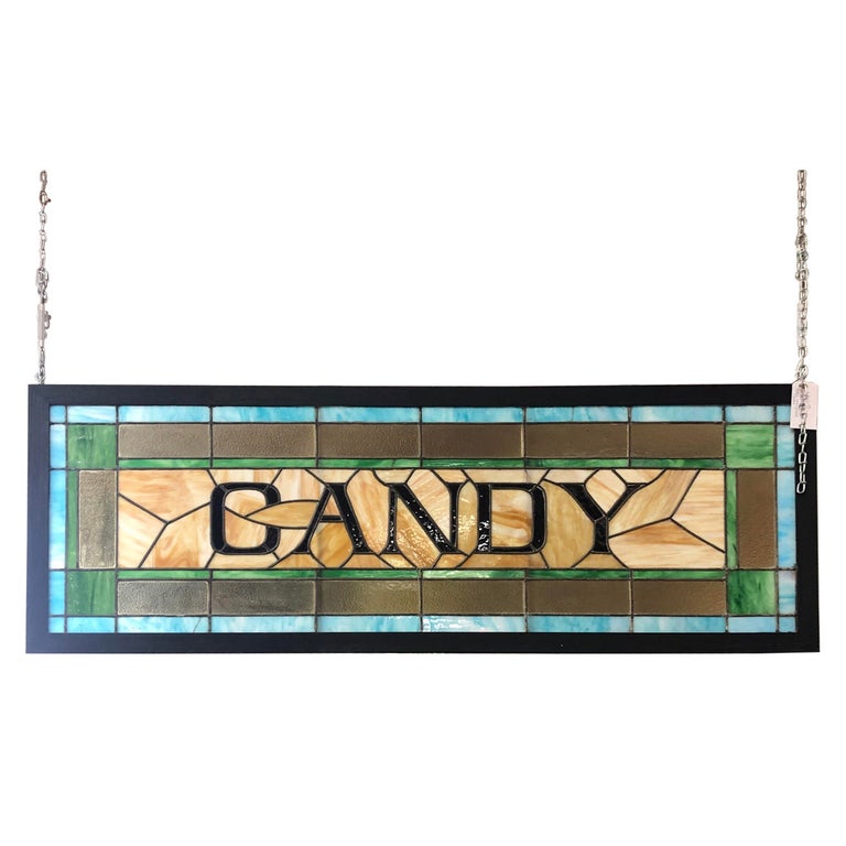 Antique Candy Stained Glass Sign For Sale