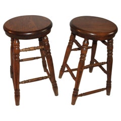 Oak Plank Seat Bar Stools, Pair