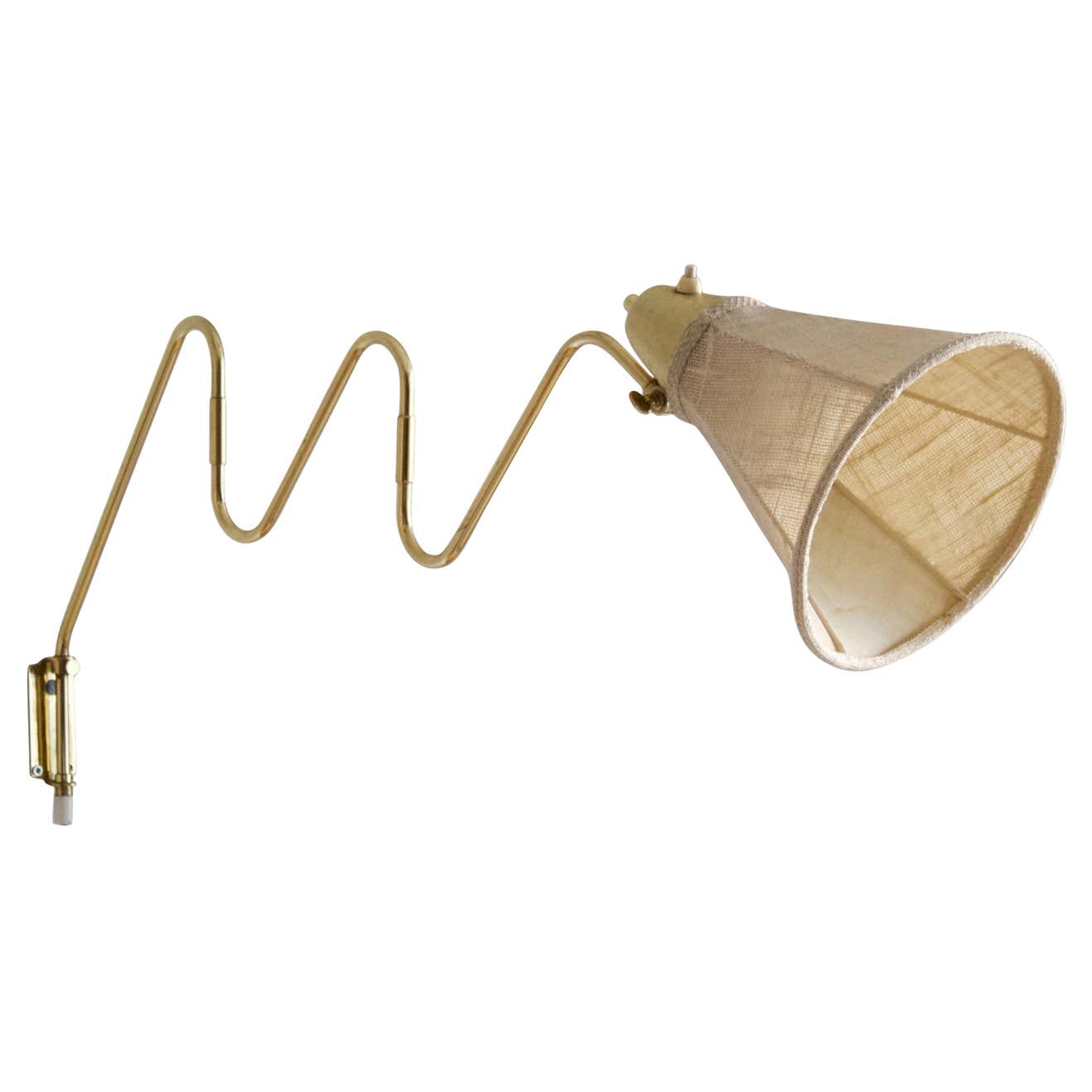 Swedish Designer, Adjustable Wall Light, Brass, Fabric, Sweden, 1940s ...