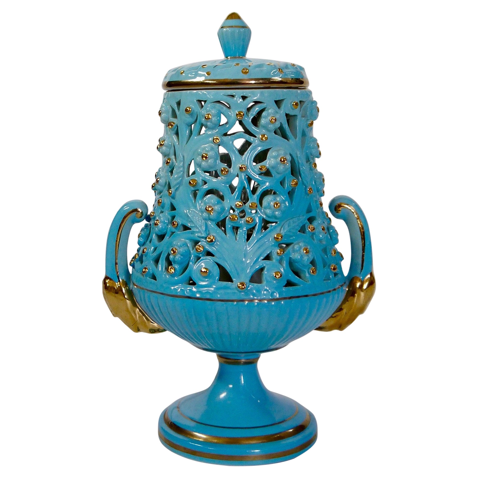Kitsch Azure Blue / Gold Ceramic Lamp, Italy, 1960s