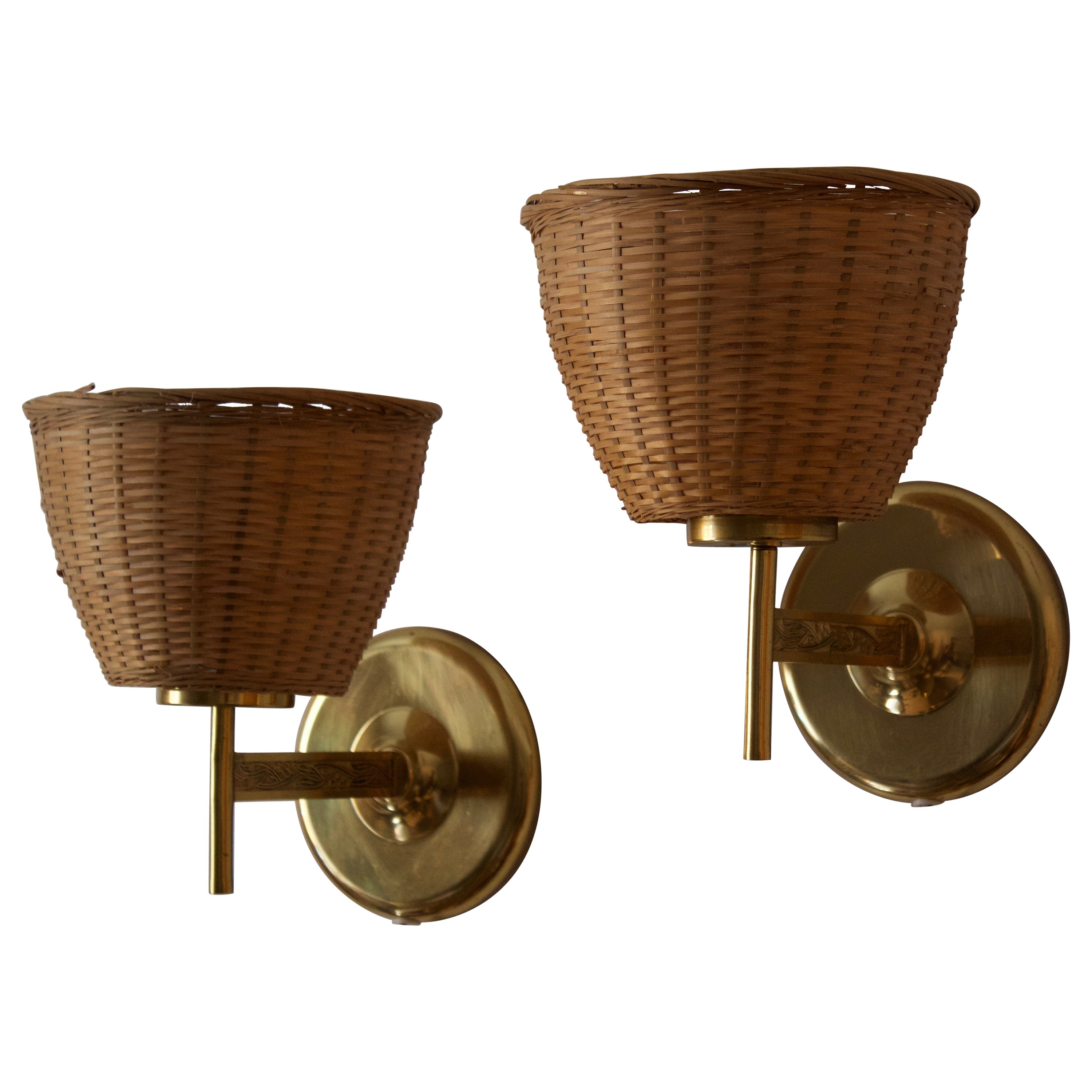 Swedish Designer, Wall Lights, Brass, Rattan, Sweden, 1950s